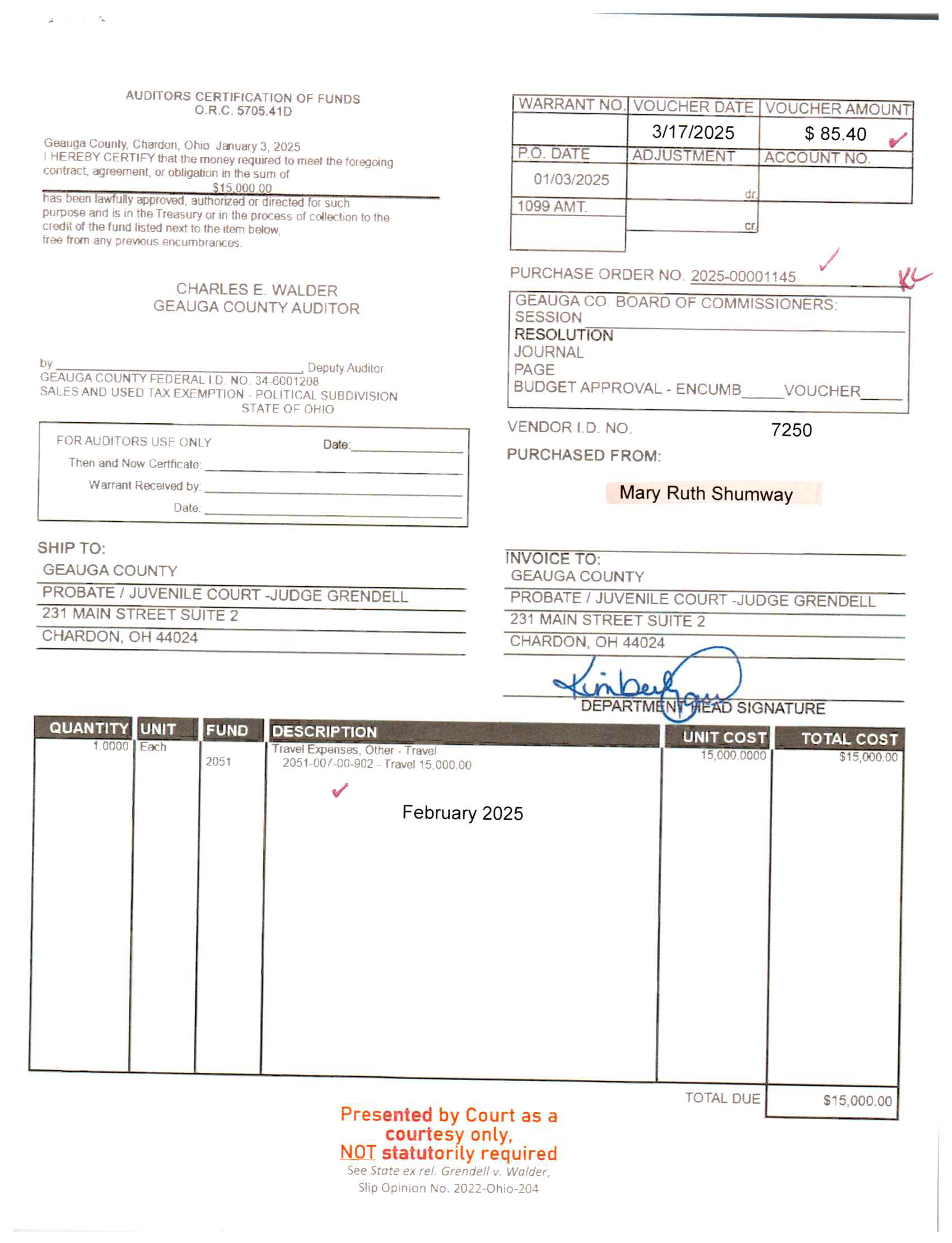 Auditor's Certification of Funds