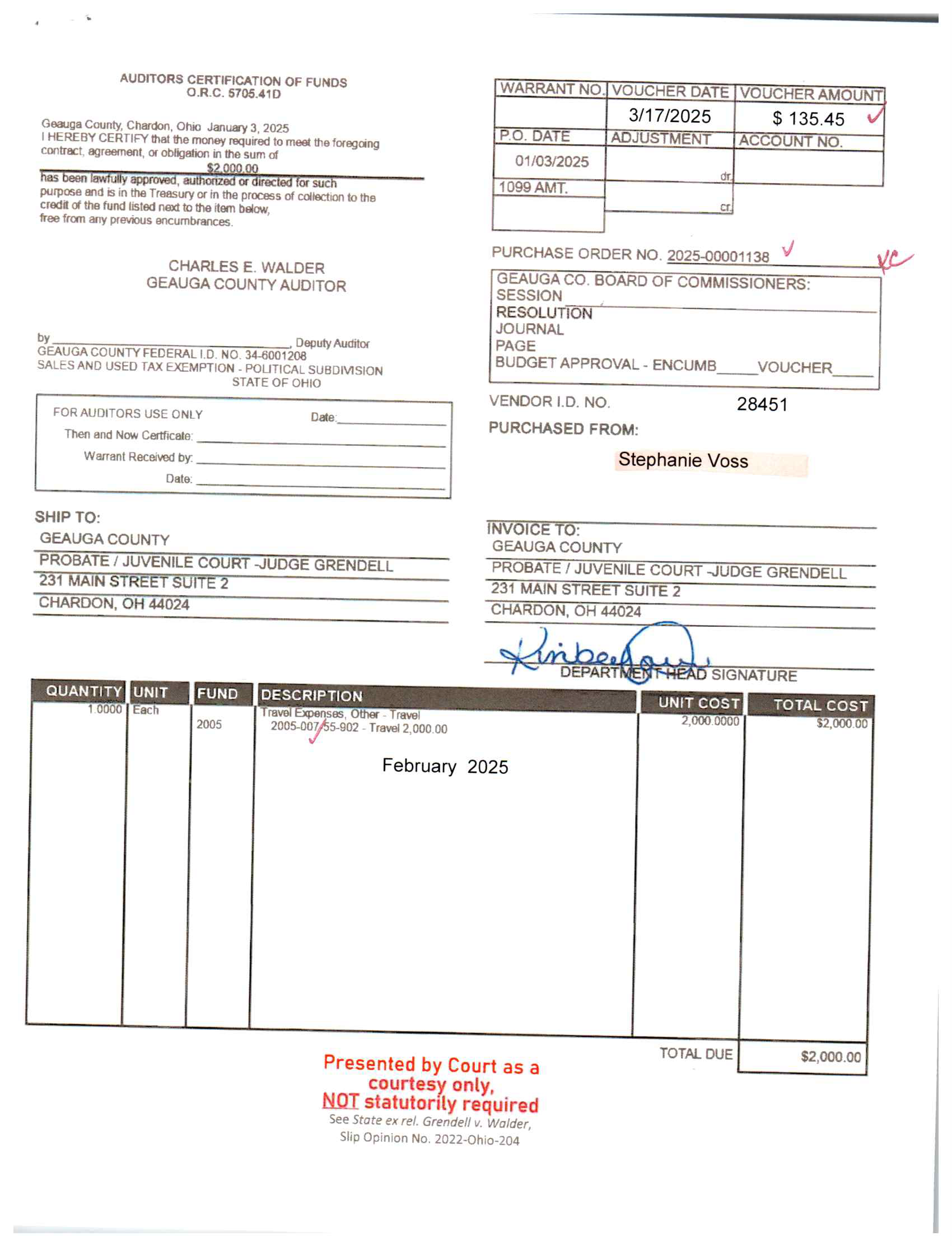 Auditor's Certification of Funds