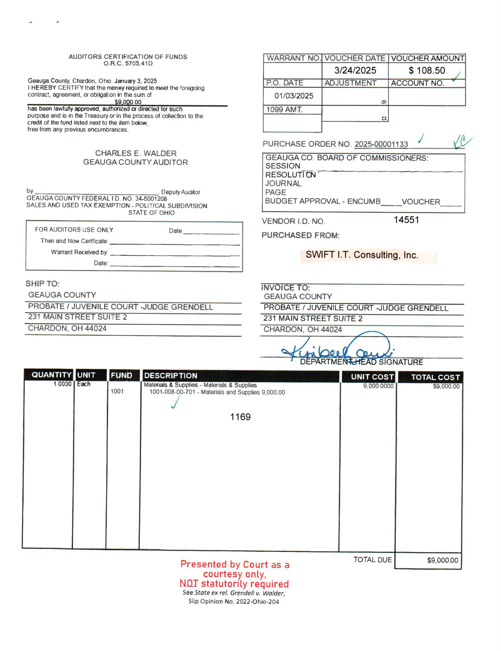 Auditor's Certification of Funds
