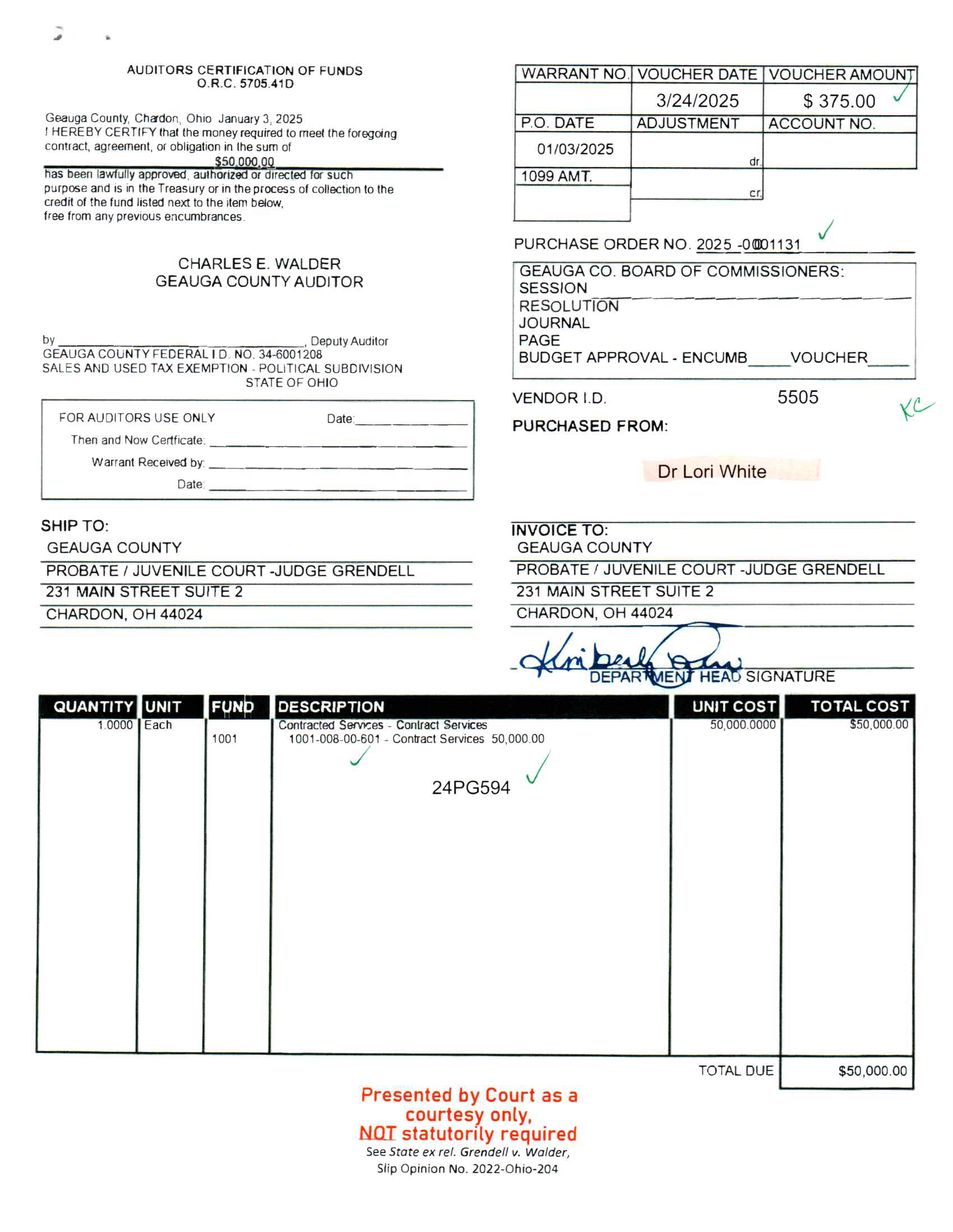 Auditor's Certification of Funds
