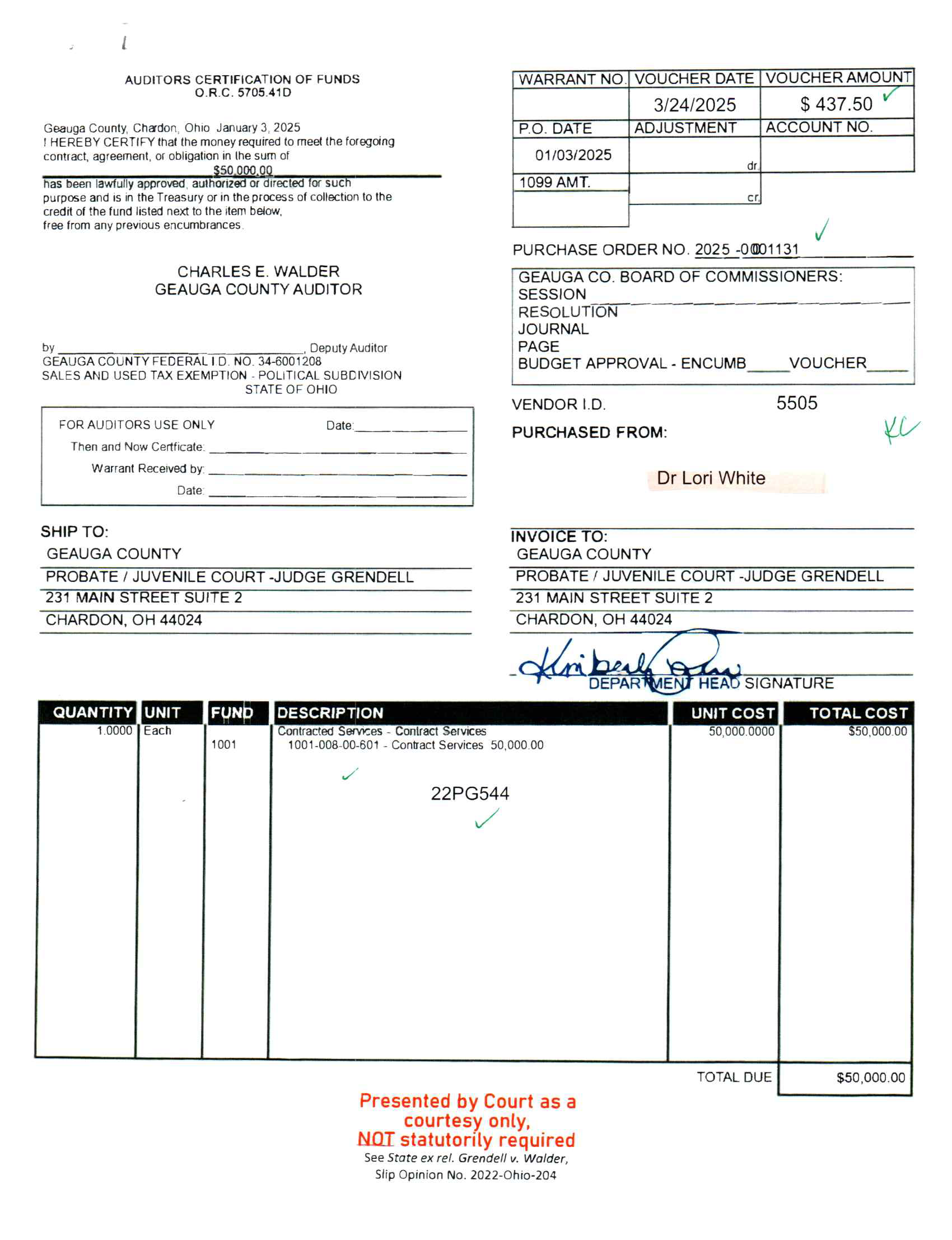 Auditor's Certification of Funds