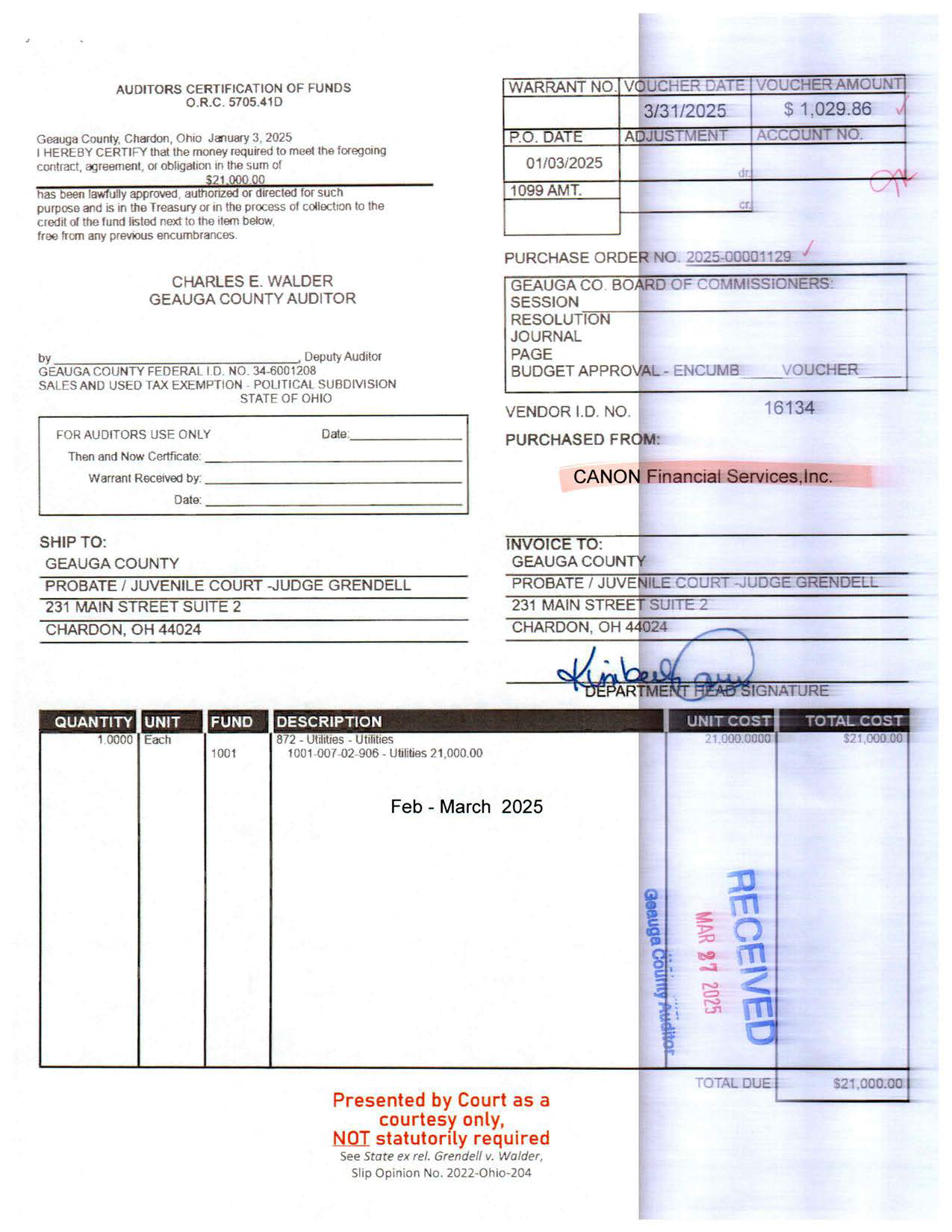 Auditor's Certification of Funds