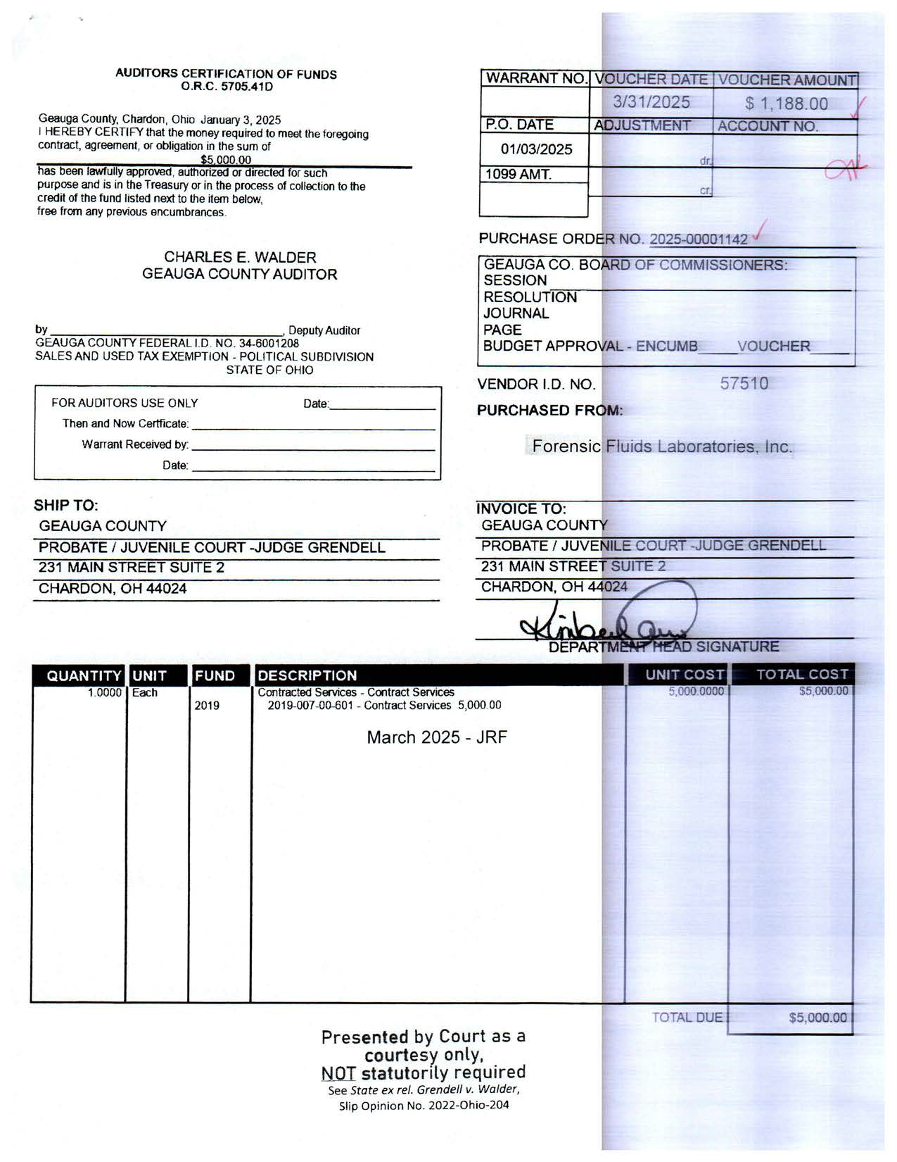 Auditor's Certification of Funds