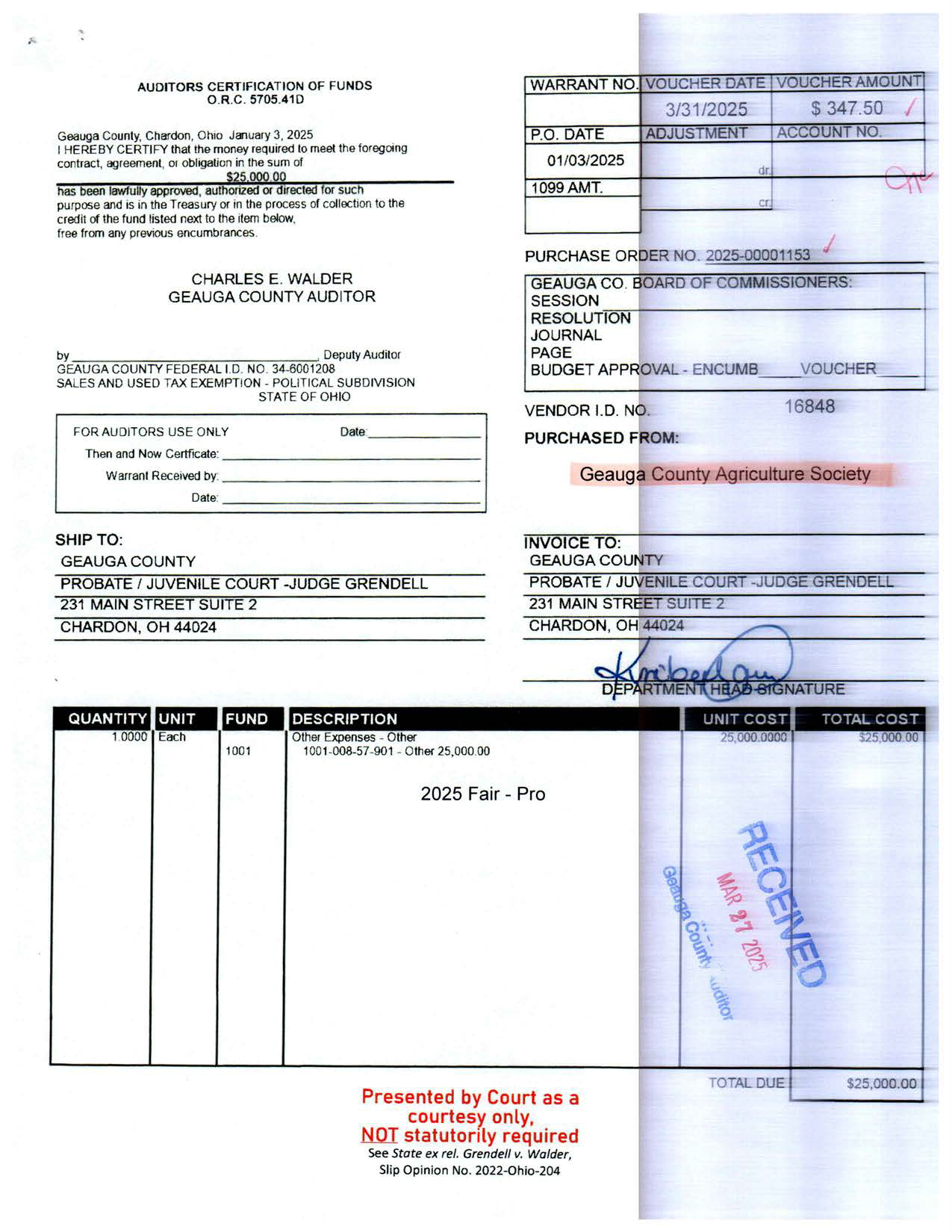 Auditor's Certification of Funds