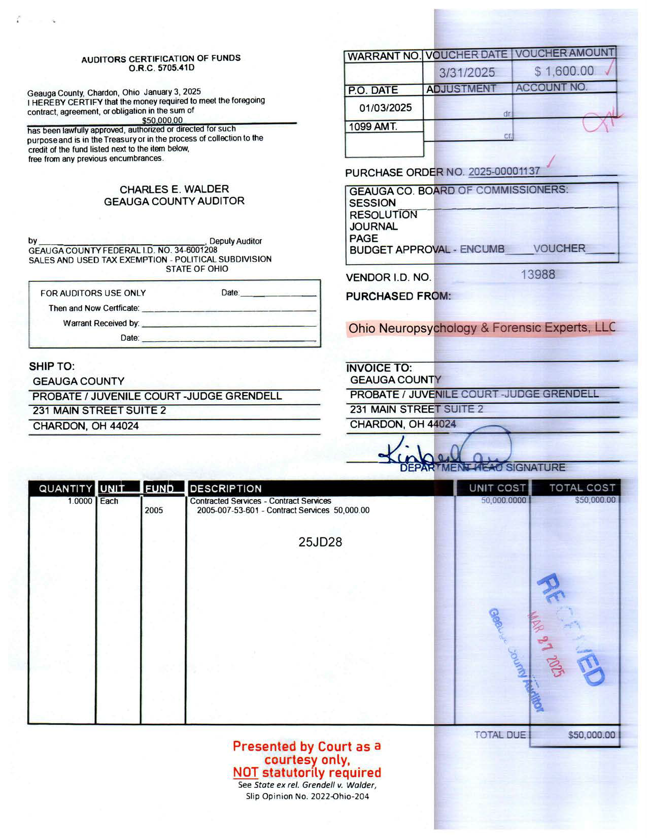 Auditor's Certification of Funds