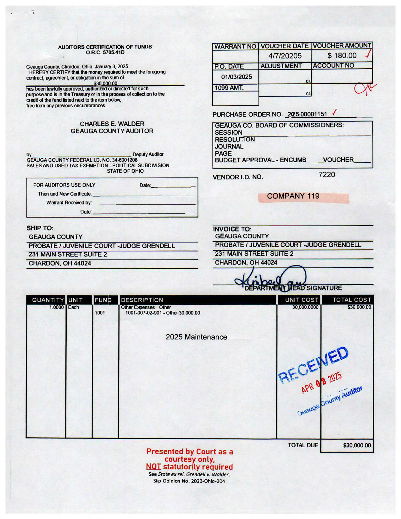 Auditor's Certification of Funds