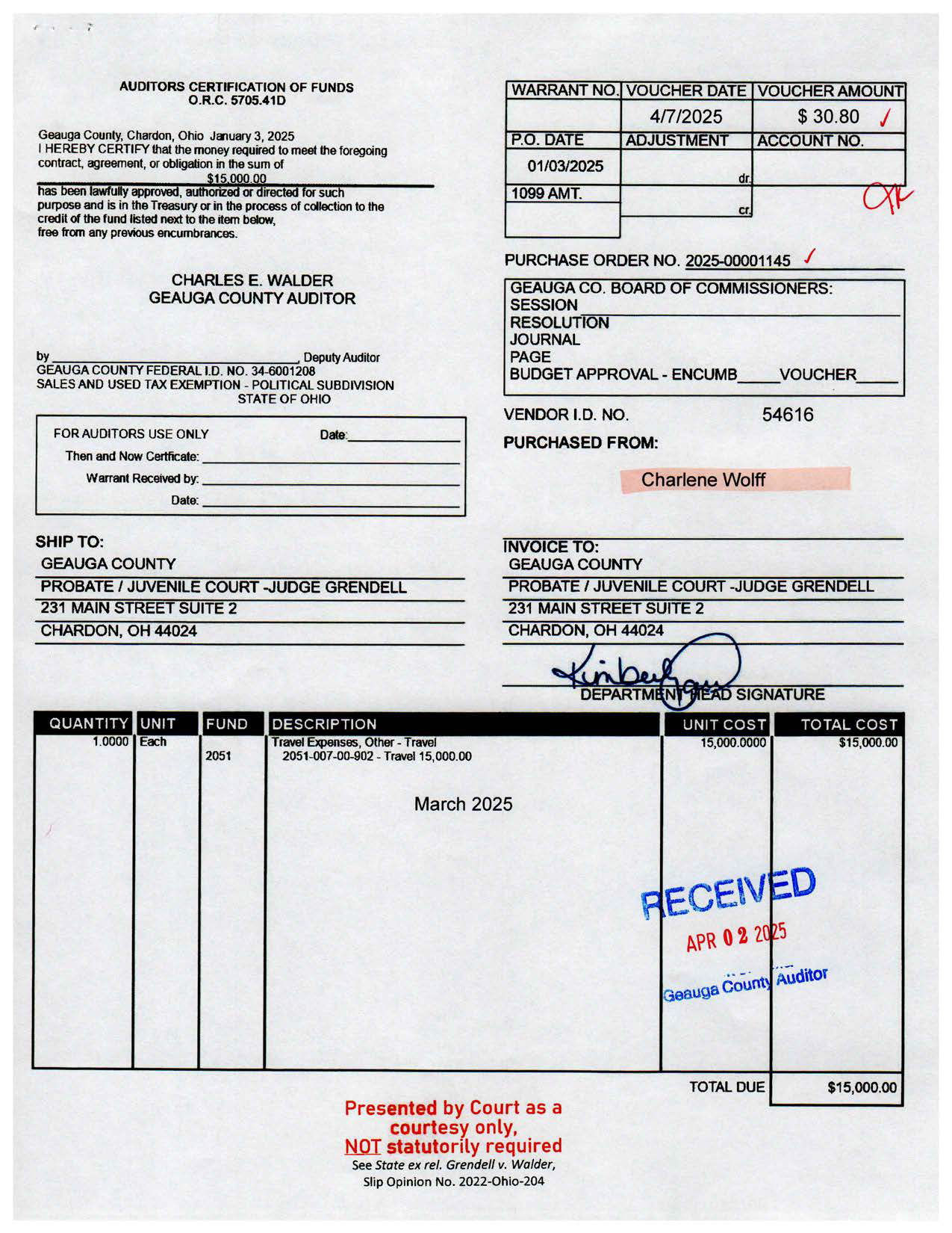 Auditor's Certification of Funds