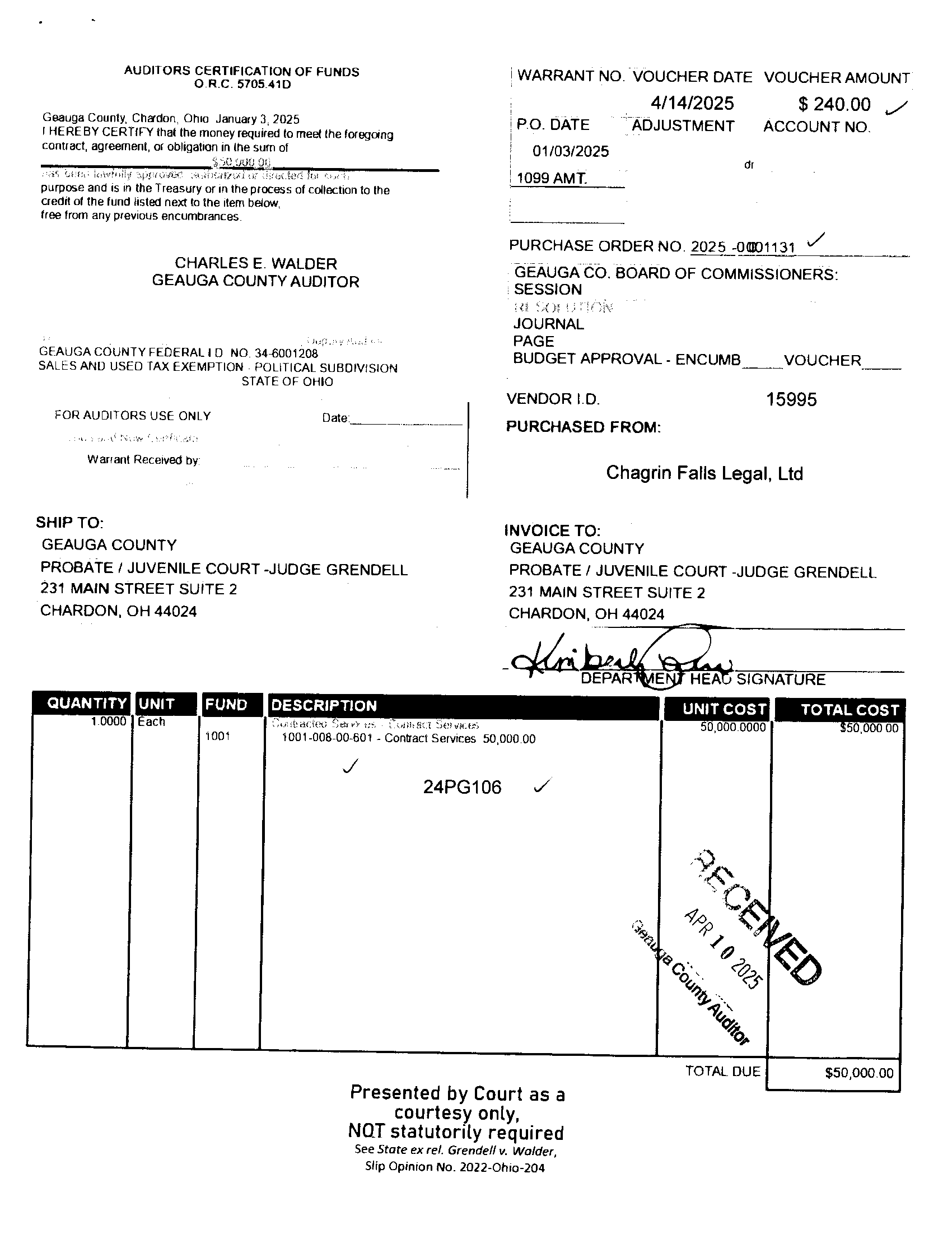 Auditor's Certification of Funds
