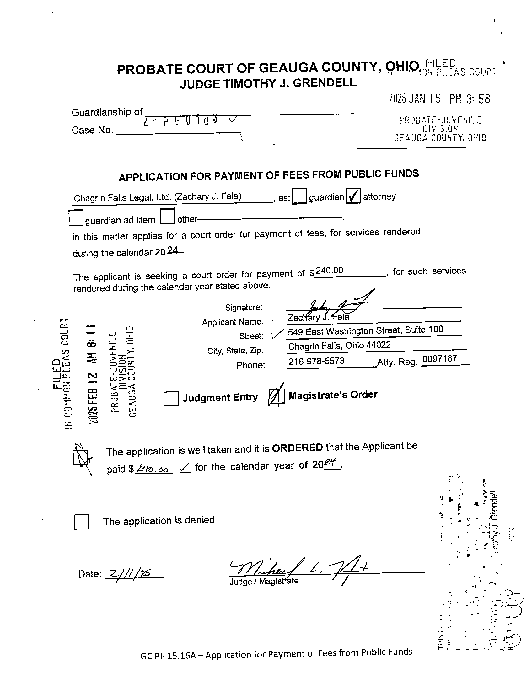 Application for Payment of Fees From Public Funds