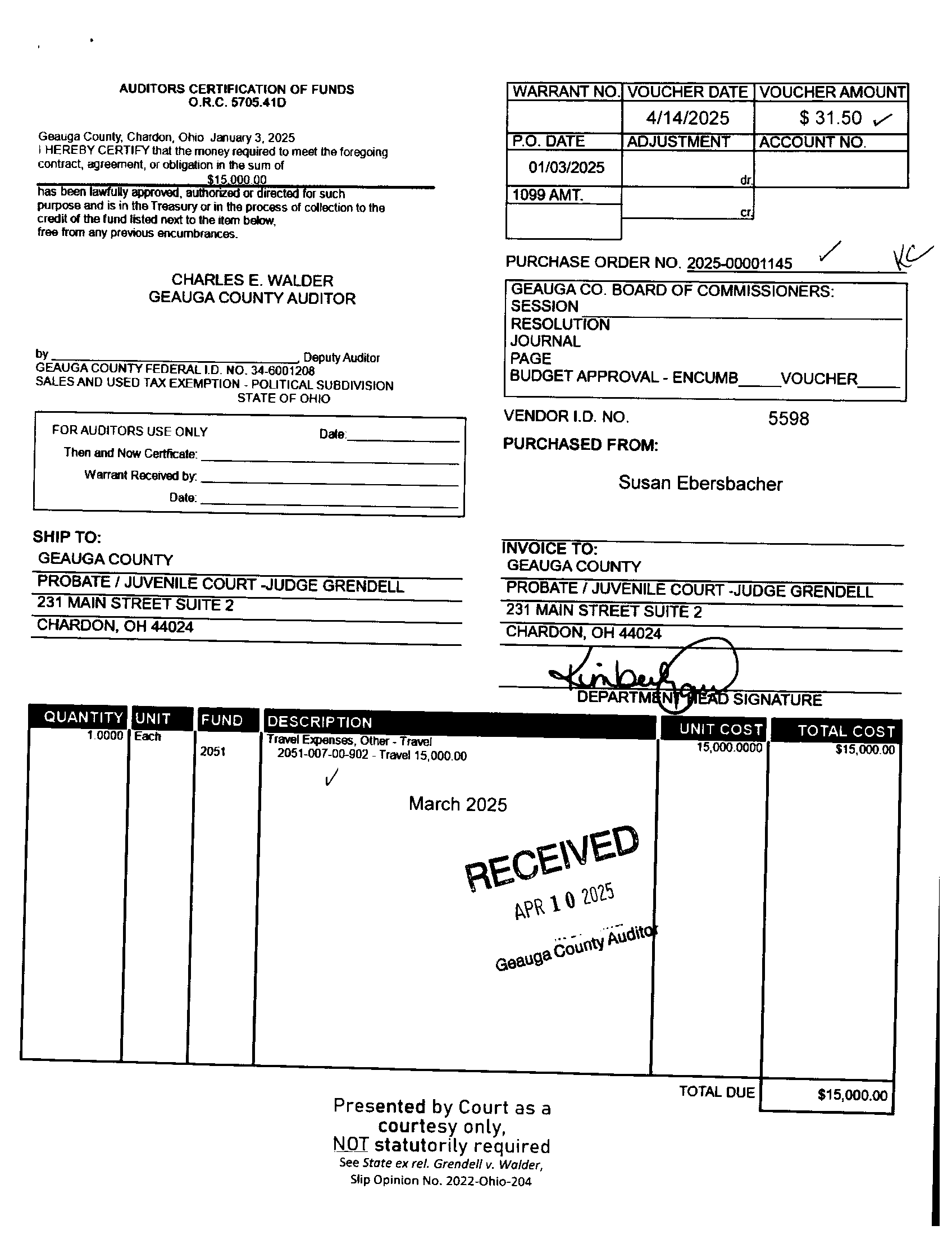 Auditor's Certification of Funds