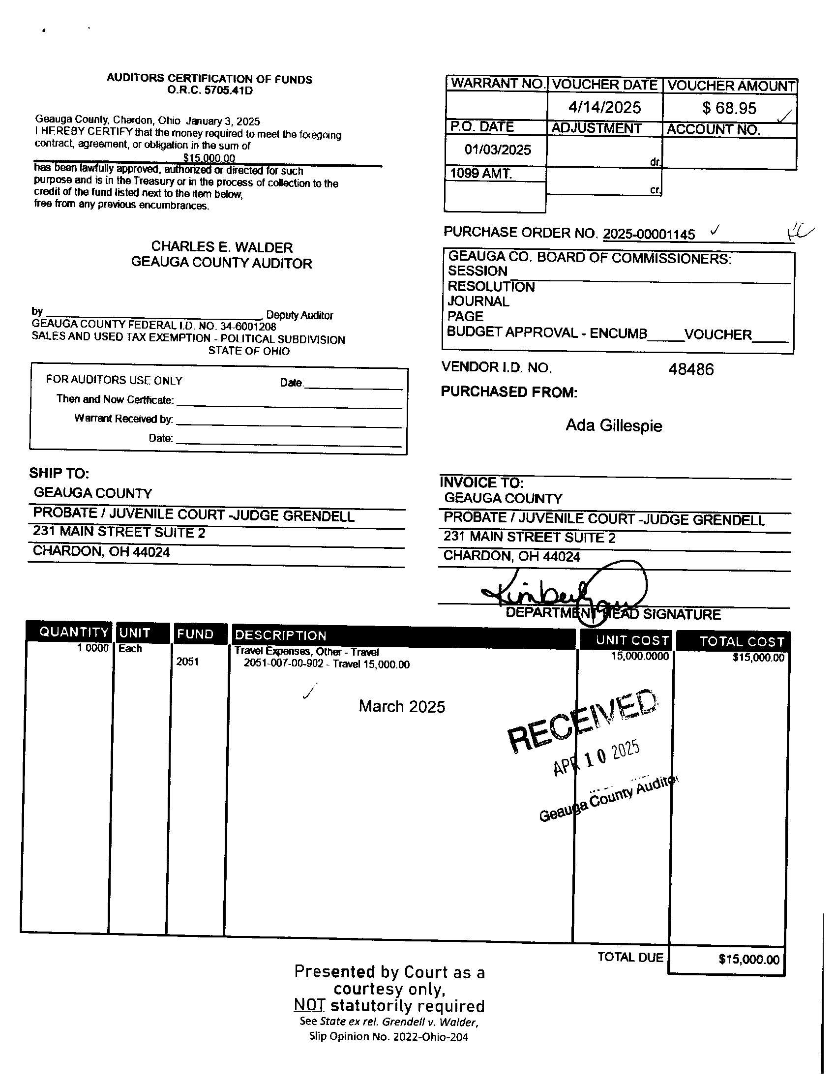 Auditor's Certification of Funds