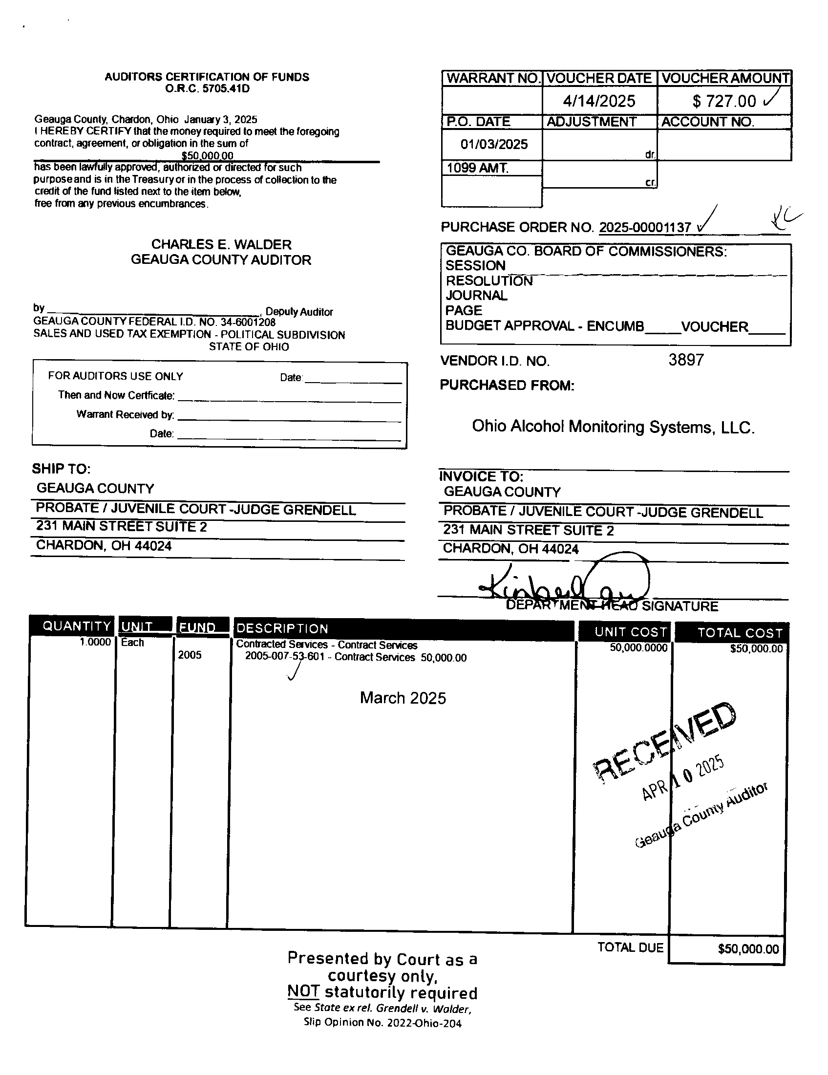 Auditor's Certification of Funds