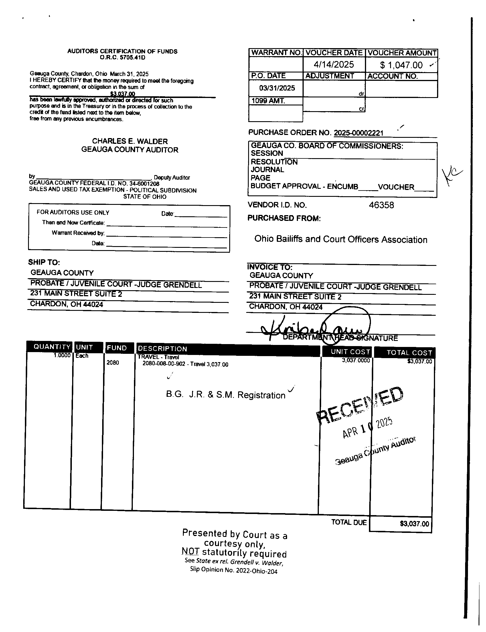 Auditor's Certification of Funds