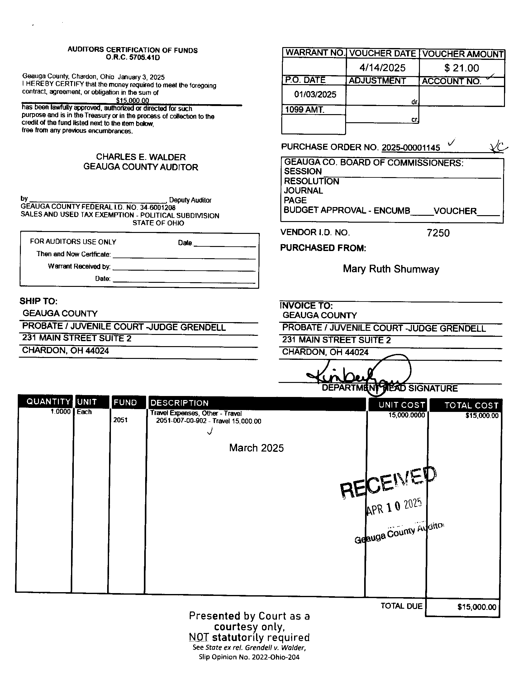 Auditor's Certification of Funds