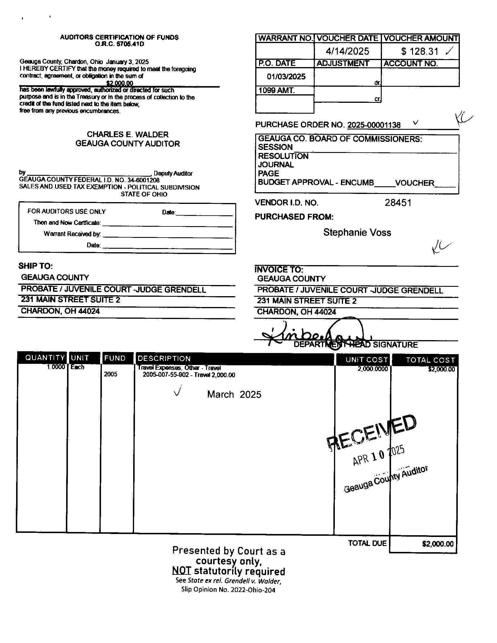 Auditor's Certification of Funds