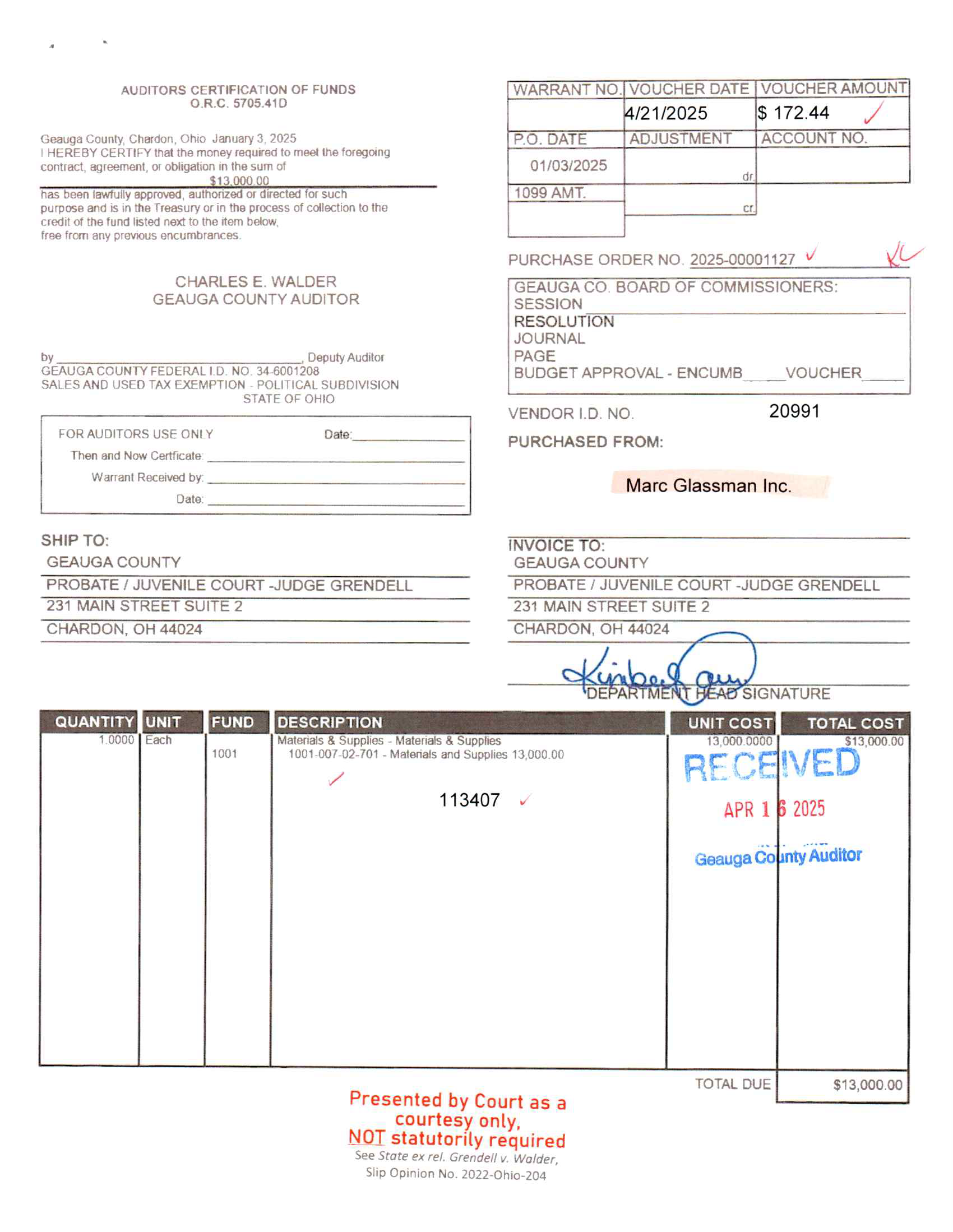 Auditor's Certification of Funds
