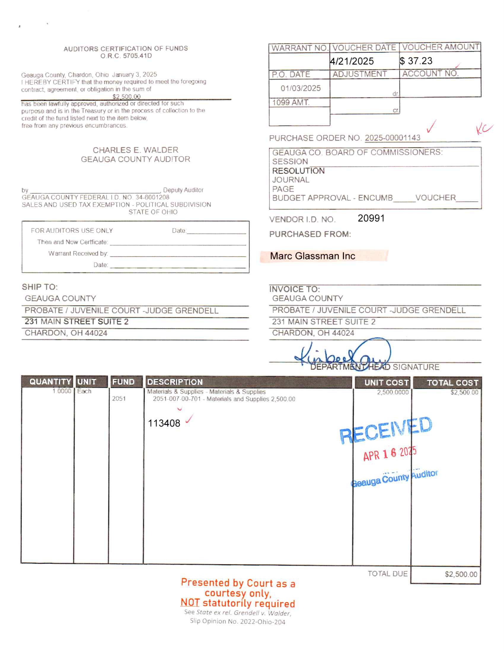 Auditor's Certification of Funds
