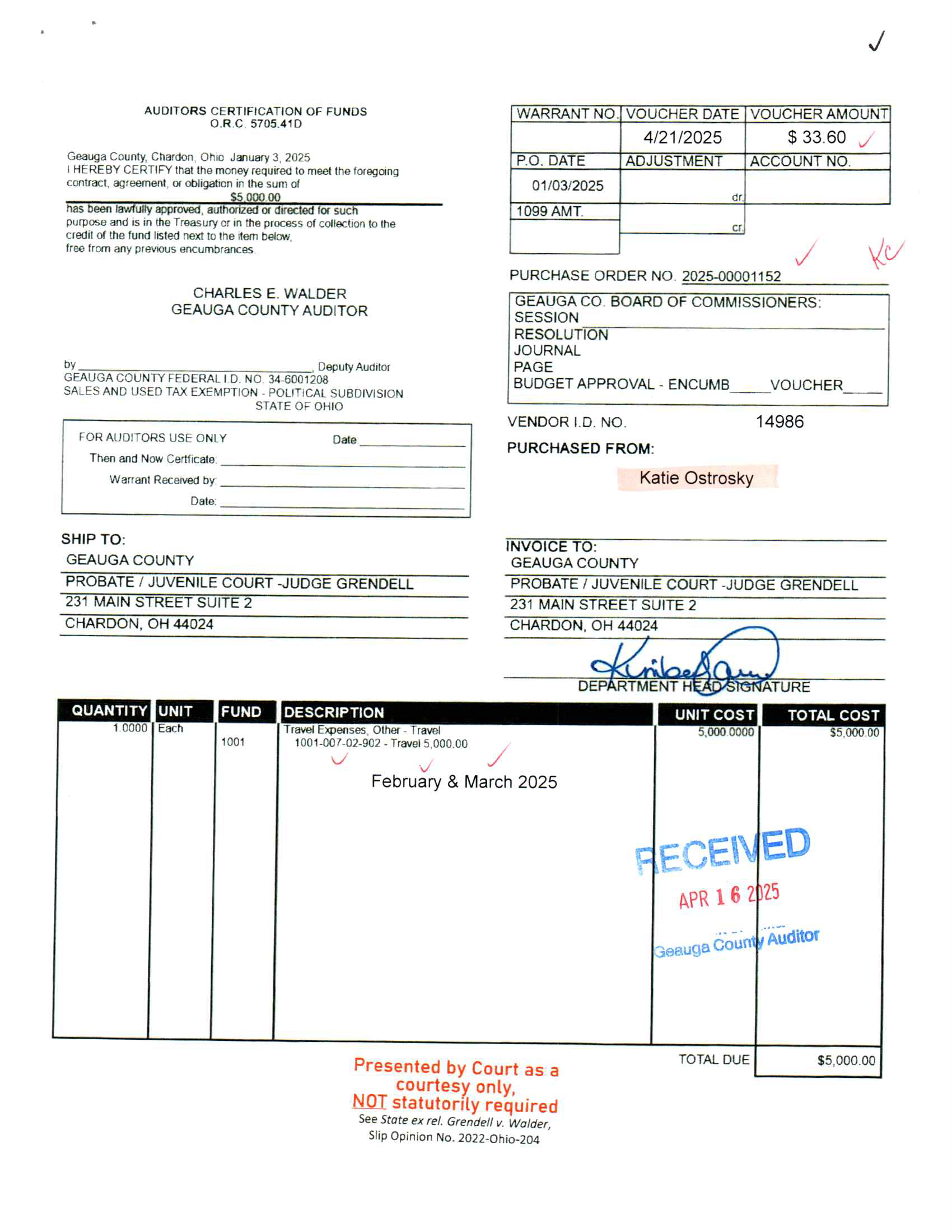 Auditor's Certification of Funds