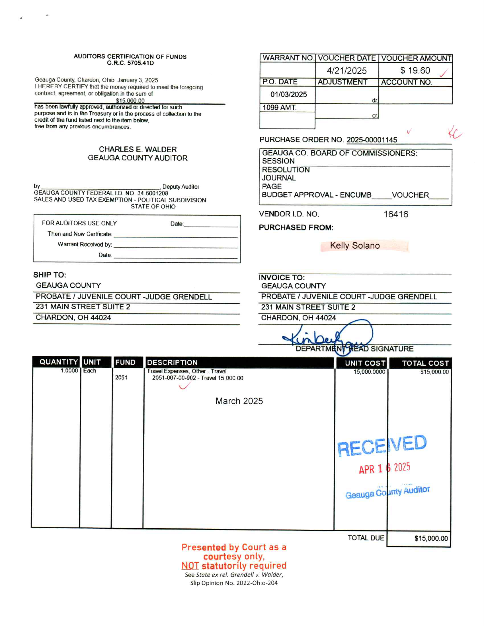 Auditor's Certification of Funds