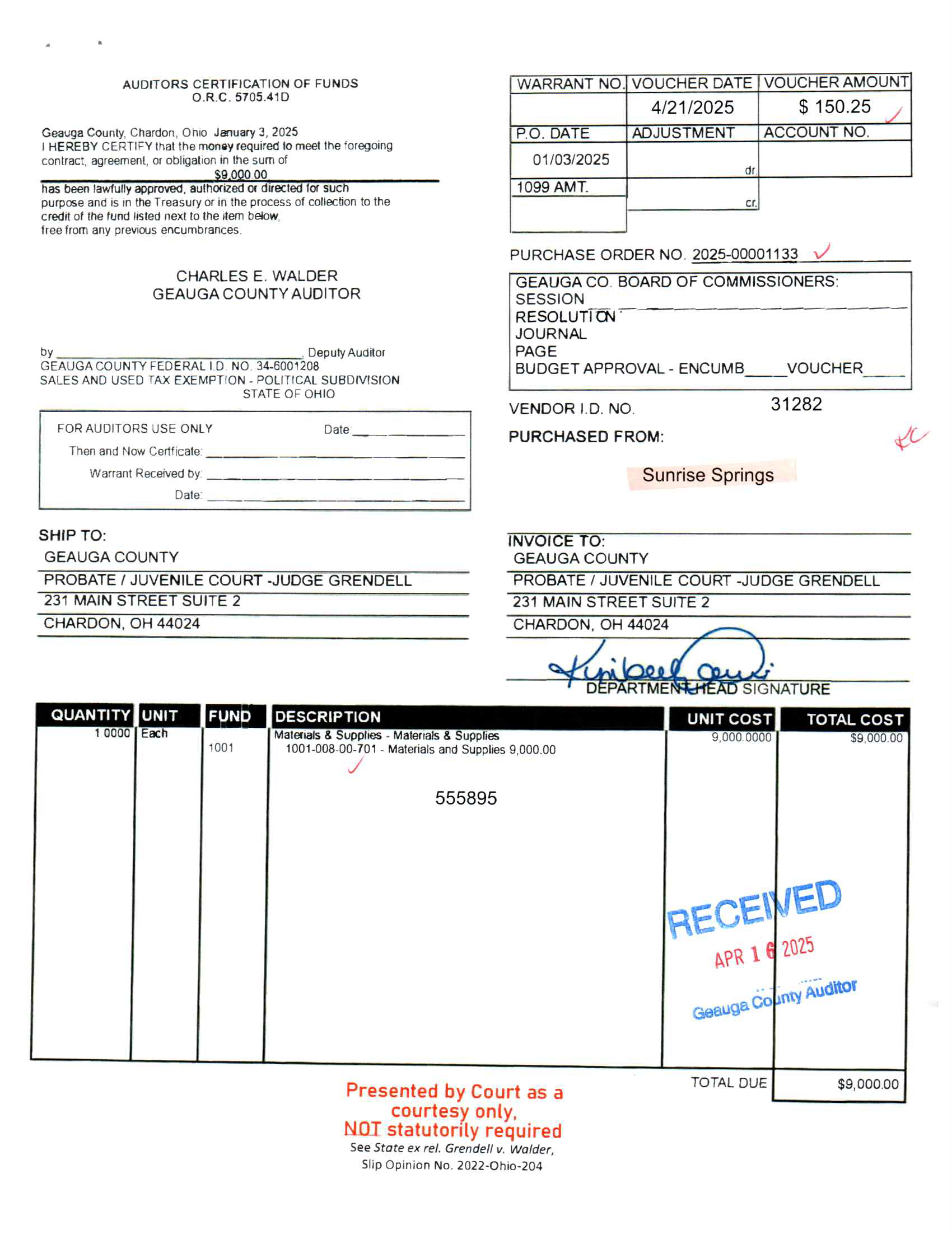 Auditor's Certification of Funds