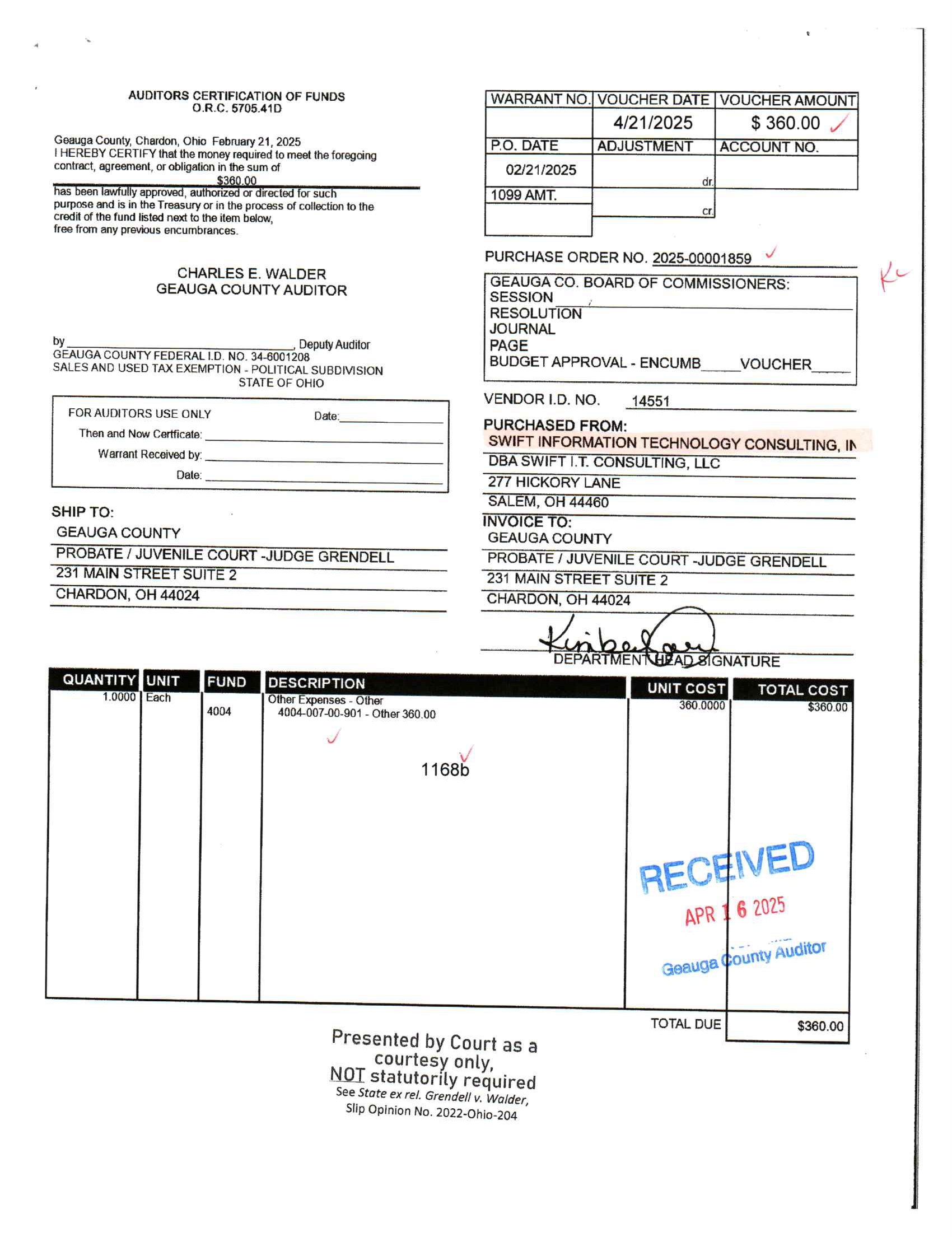 Auditor's Certification of Funds