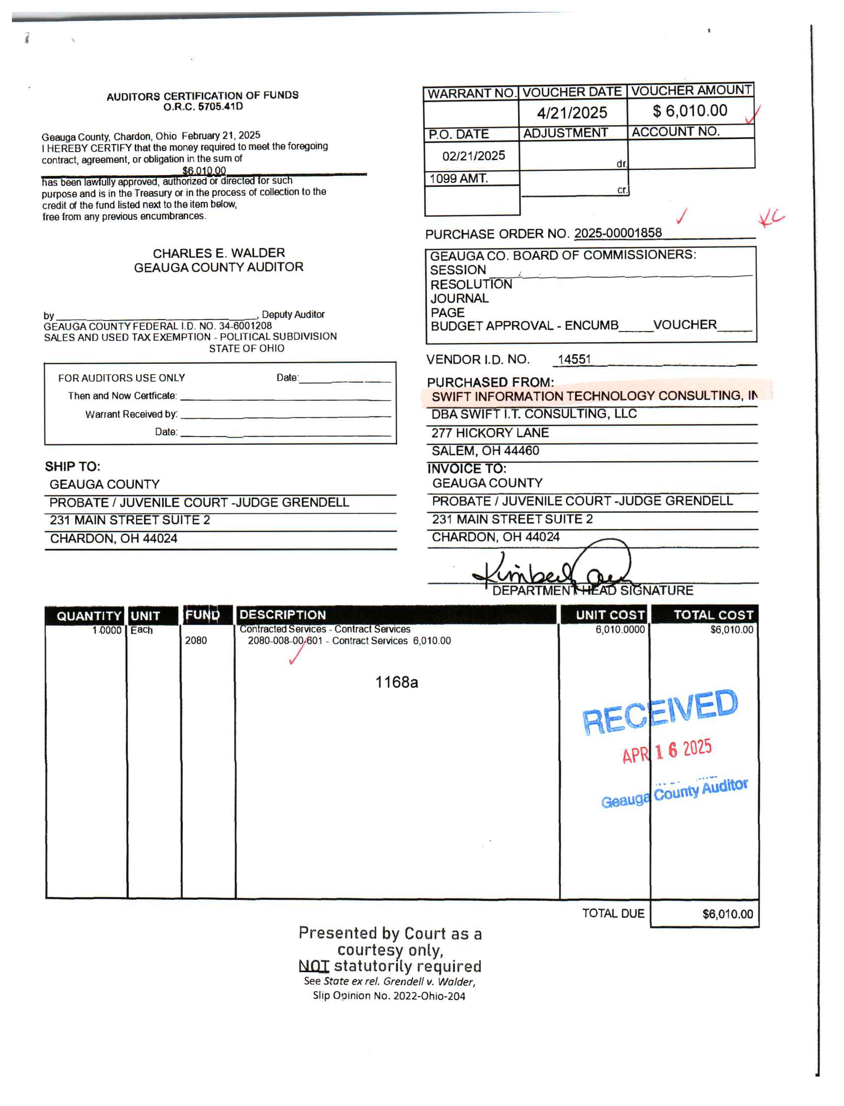 Auditor's Certification of Funds