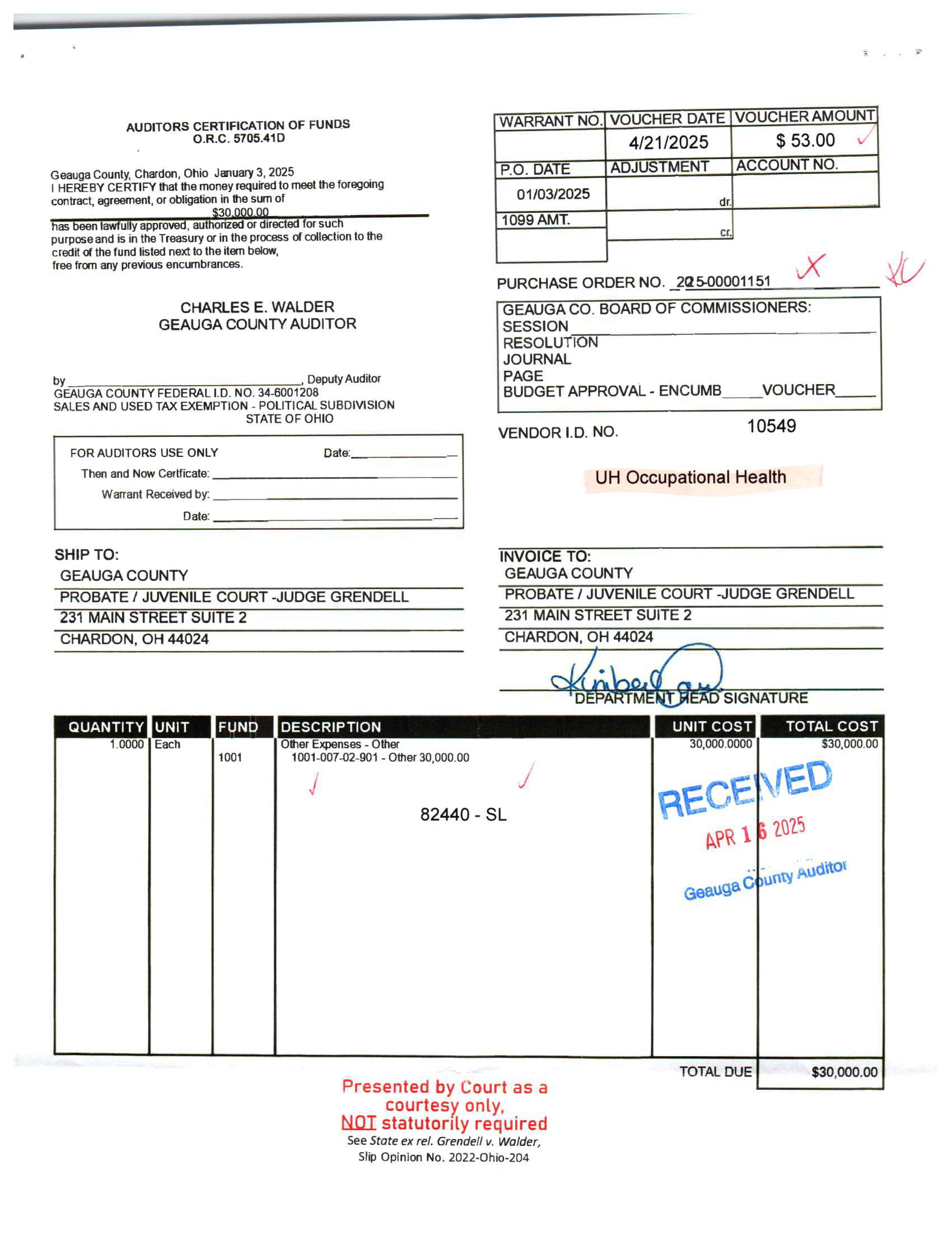 Auditor's Certification of Funds