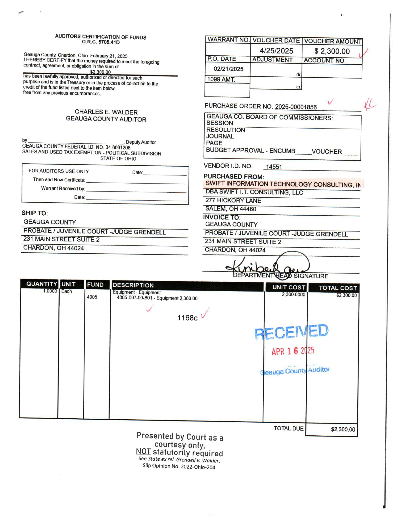 Auditor's Certification of Funds