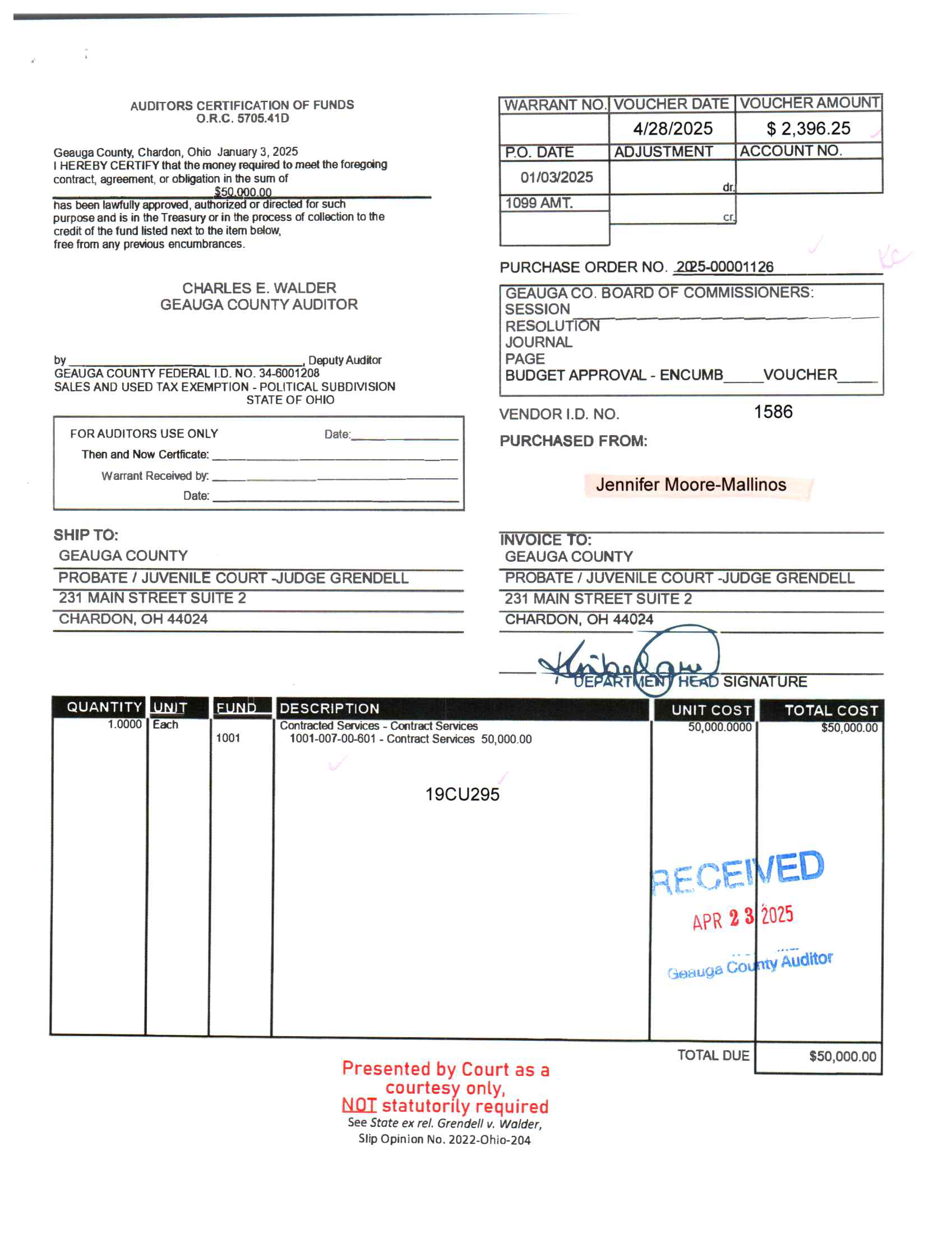 Auditor's Certification of Funds