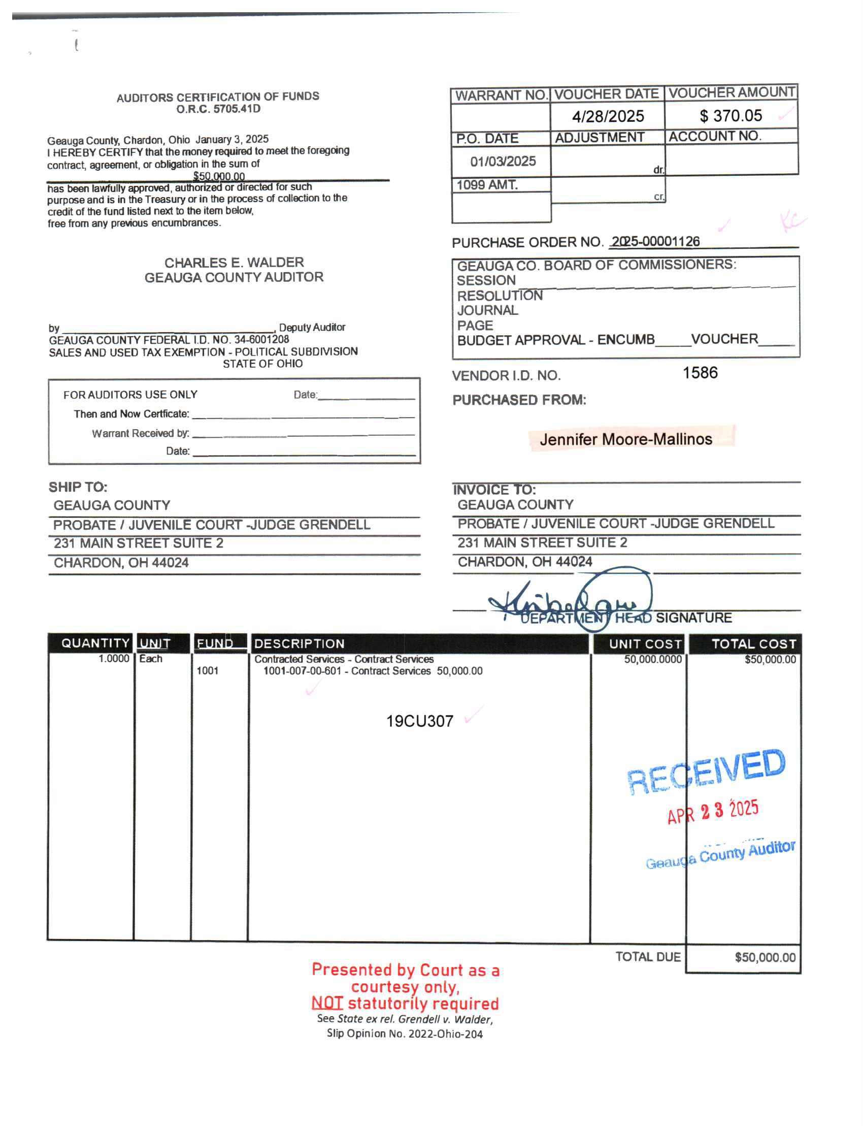 Auditor's Certification of Funds