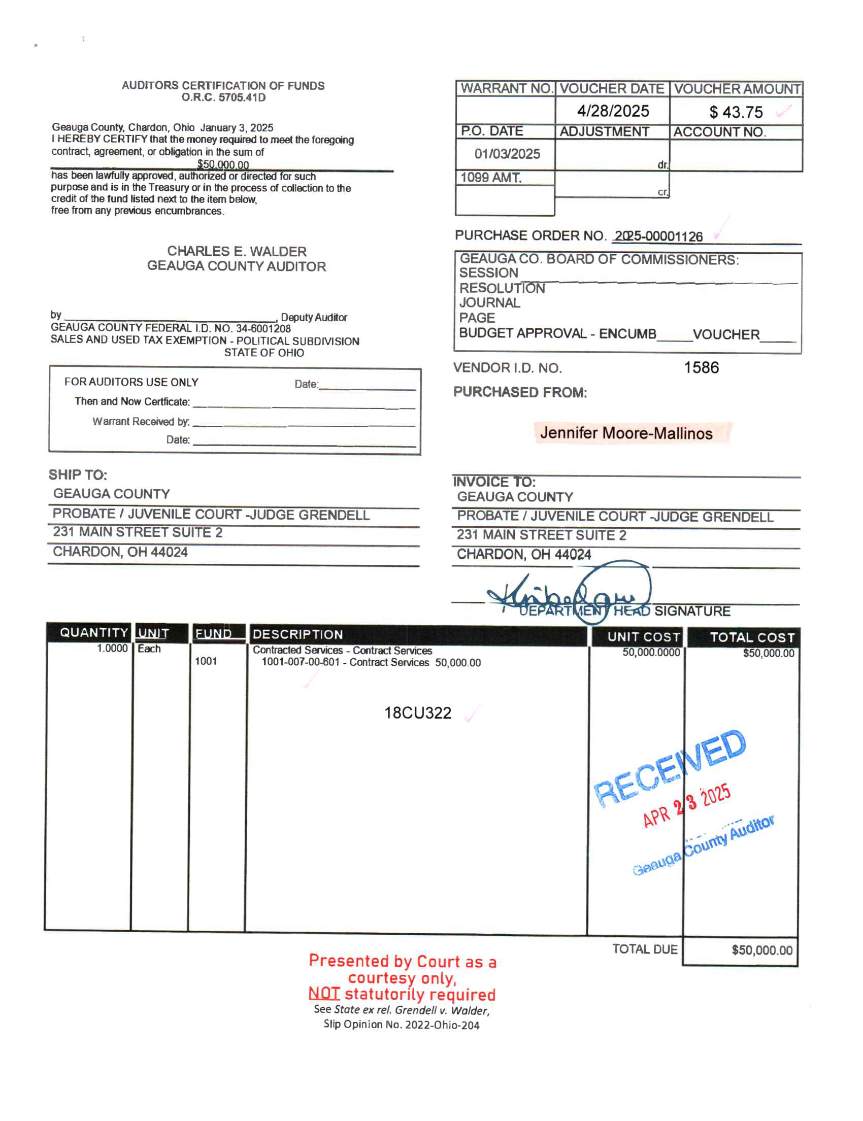 Auditor's Certification of Funds