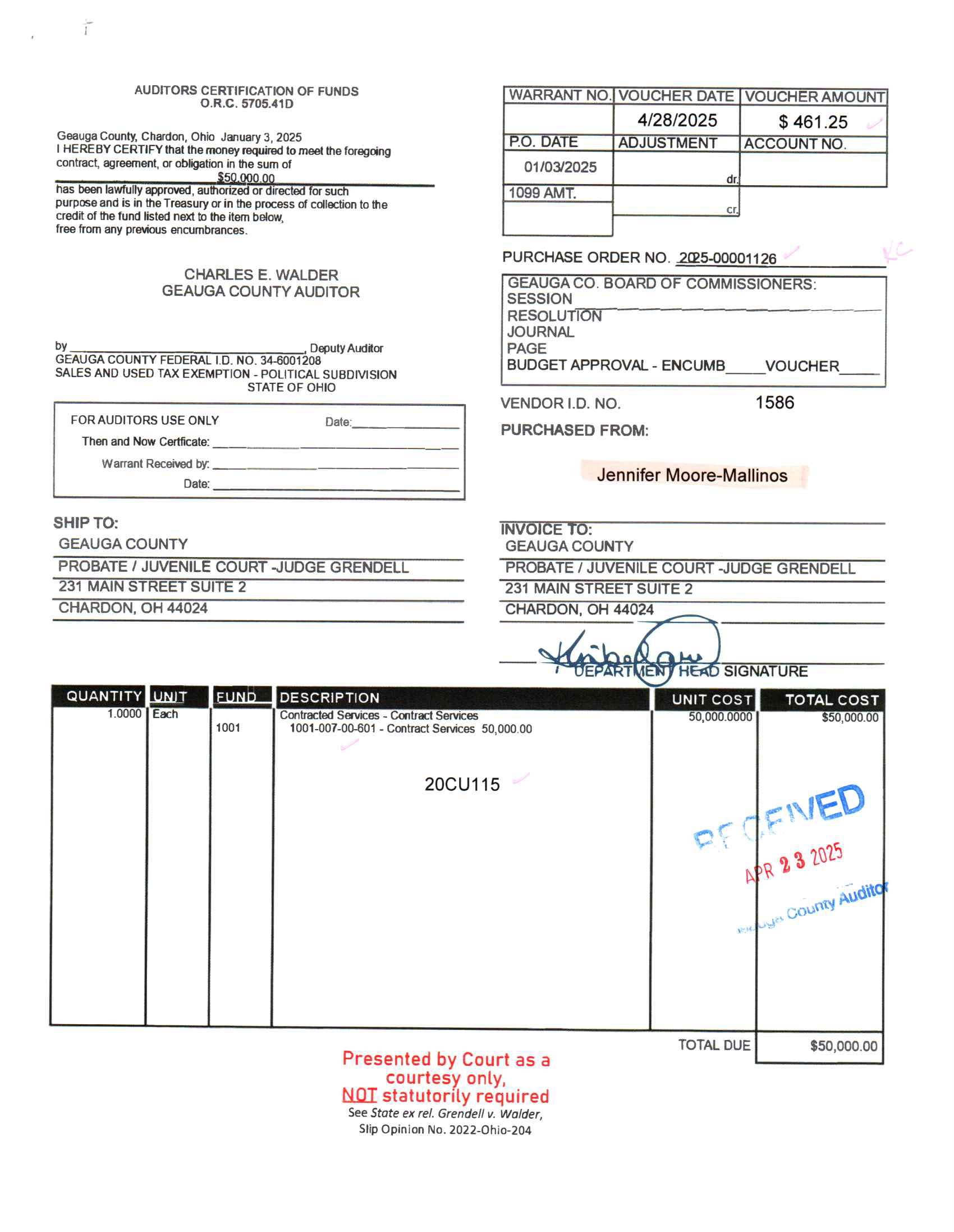 Auditor's Certification of Funds