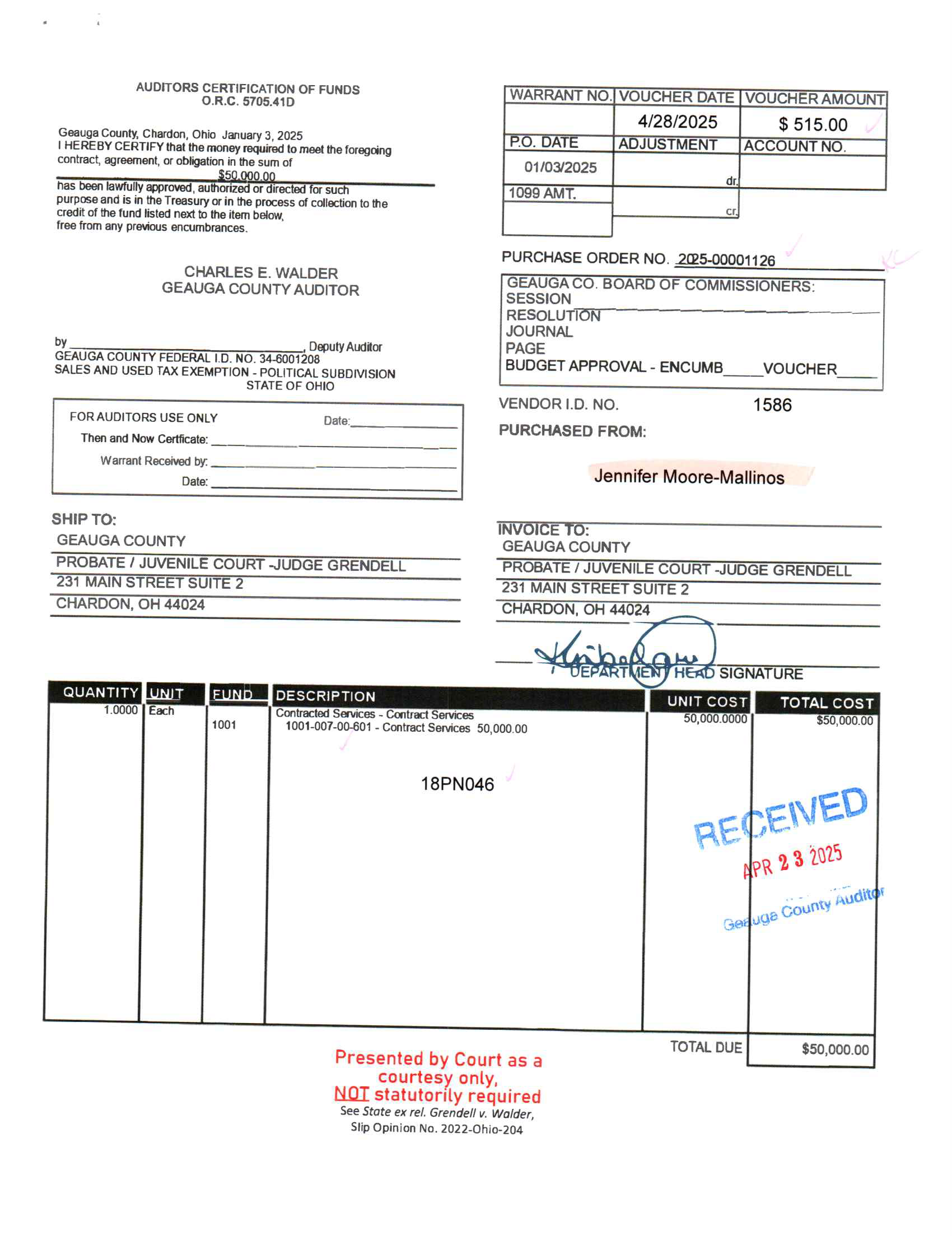 Auditor's Certification of Funds