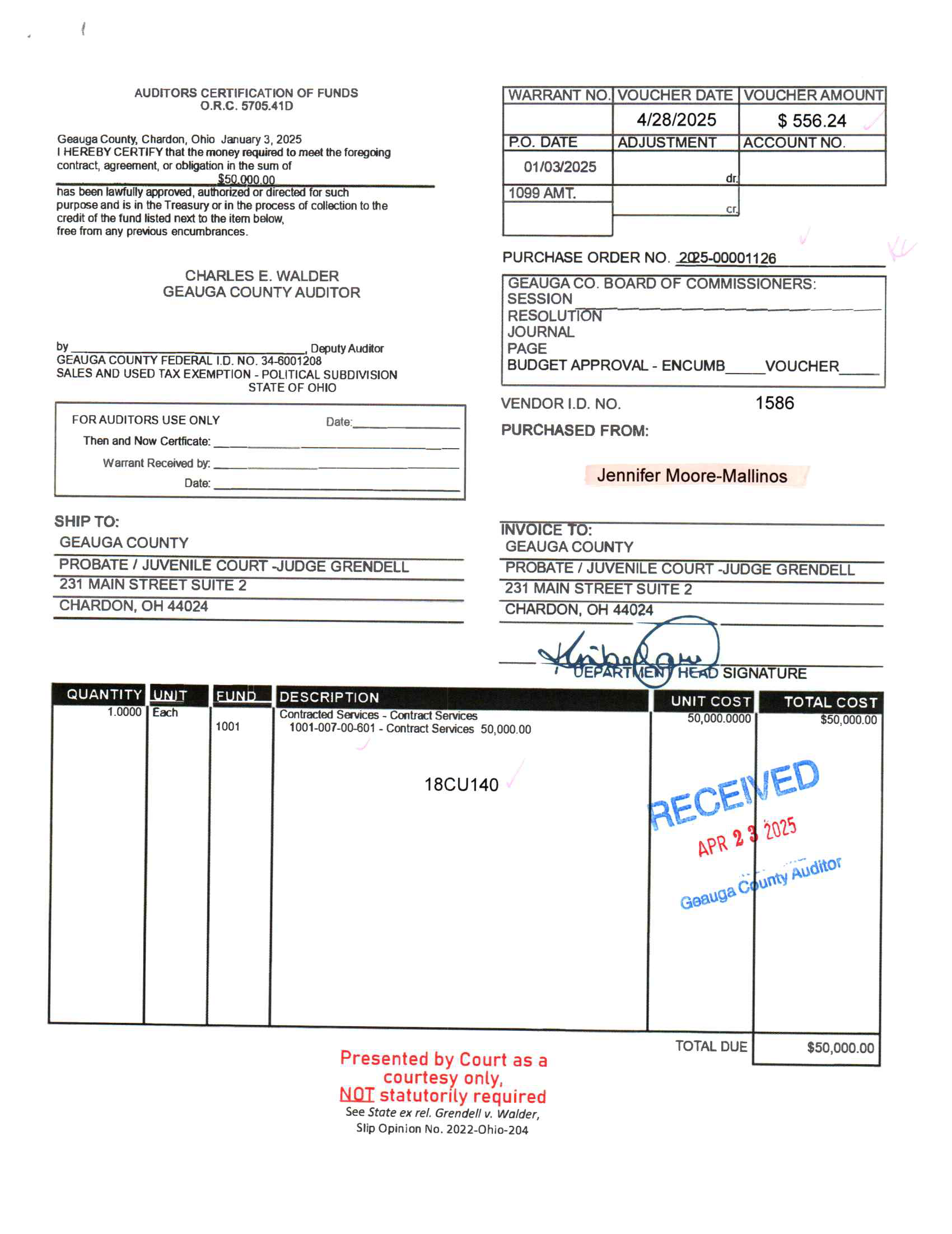 Auditor's Certification of Funds