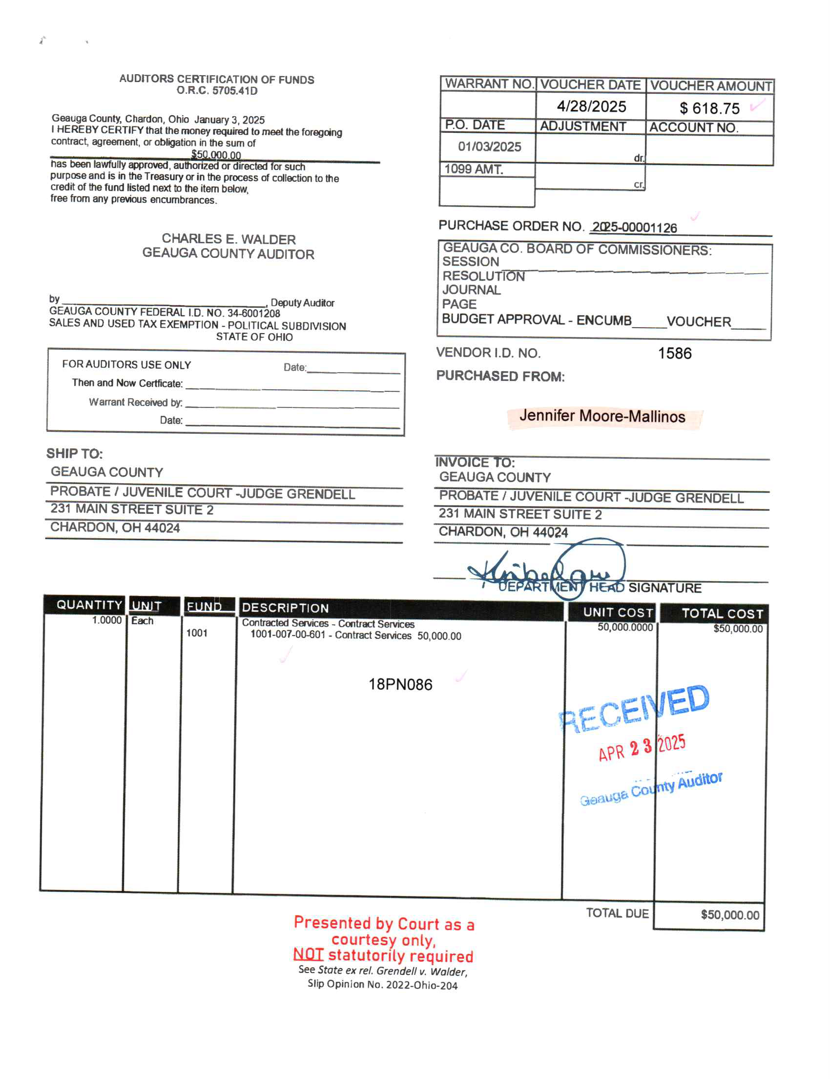 Auditor's Certification of Funds