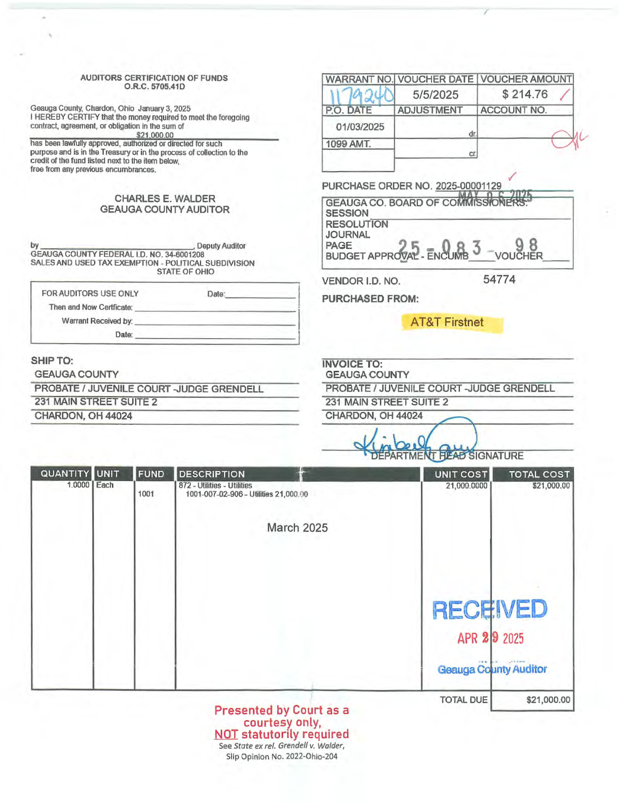 Auditor's Certification of Funds