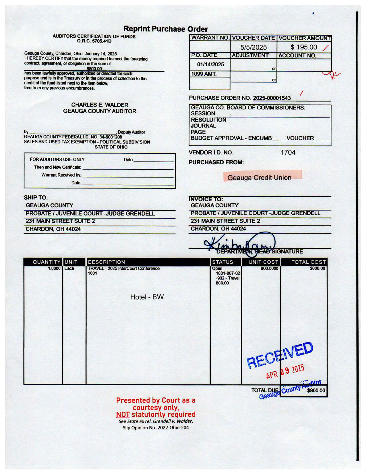 Auditor's Certification of Funds