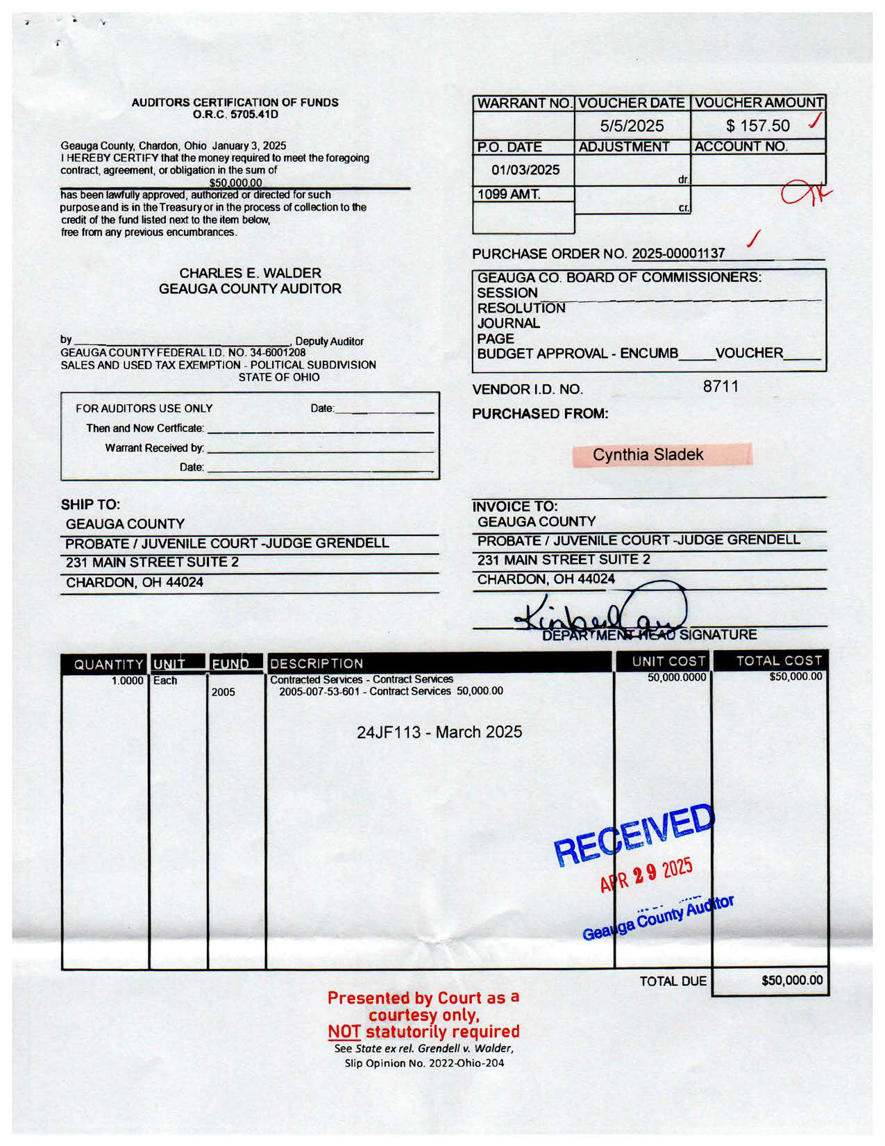 Auditor's Certification of Funds