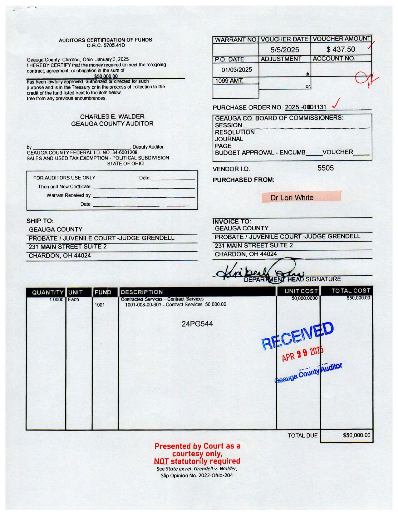Auditor's Certification of Funds