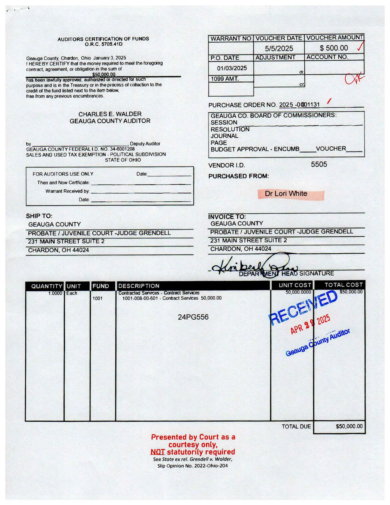 Auditor's Certification of Funds