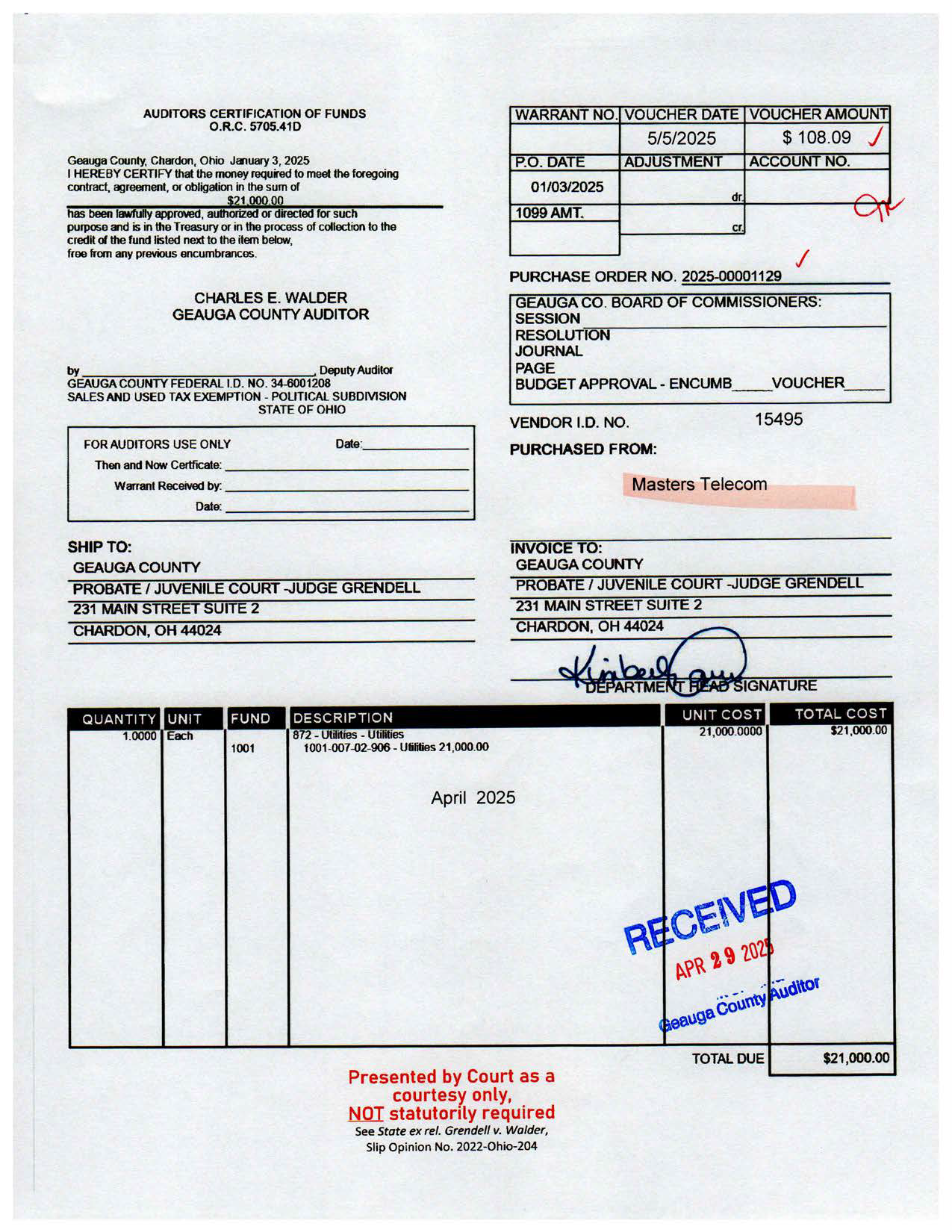 Auditor's Certification of Funds