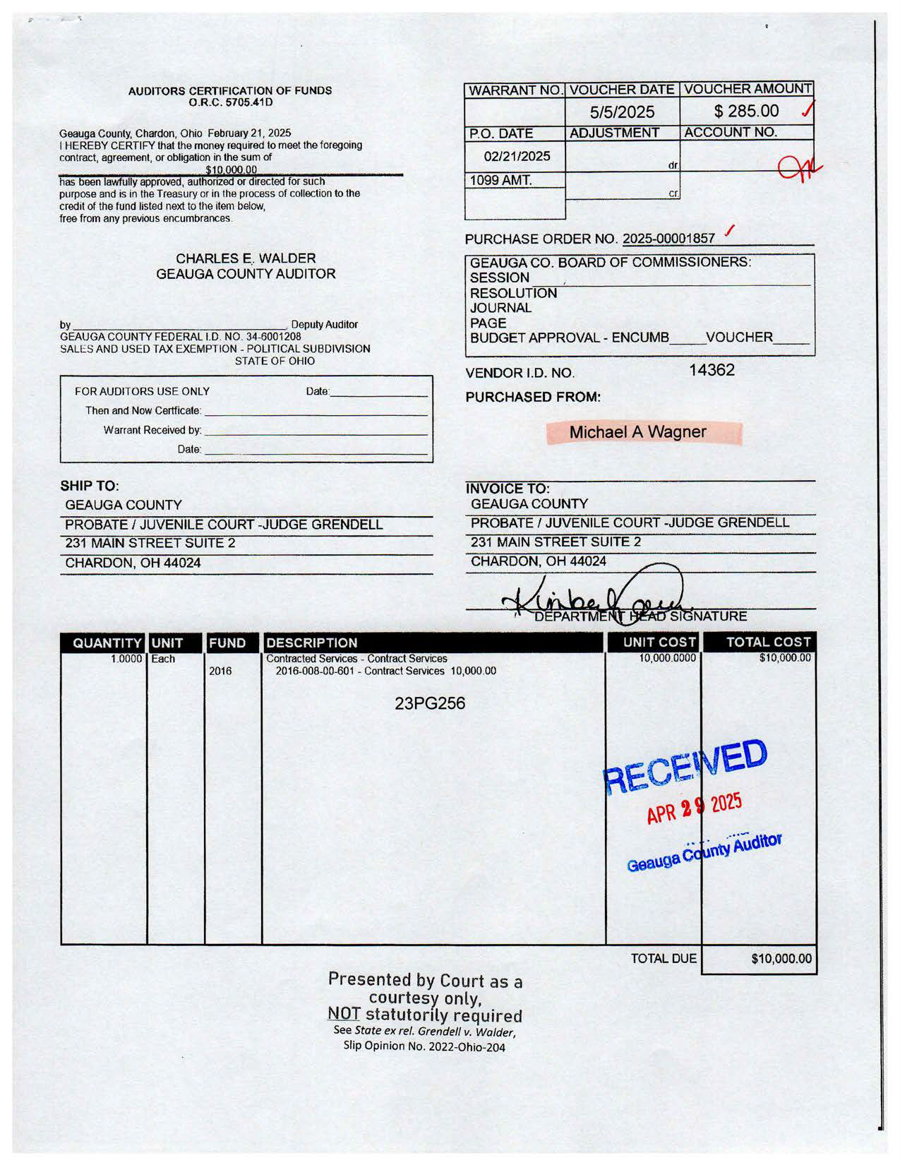 Auditor's Certification of Funds