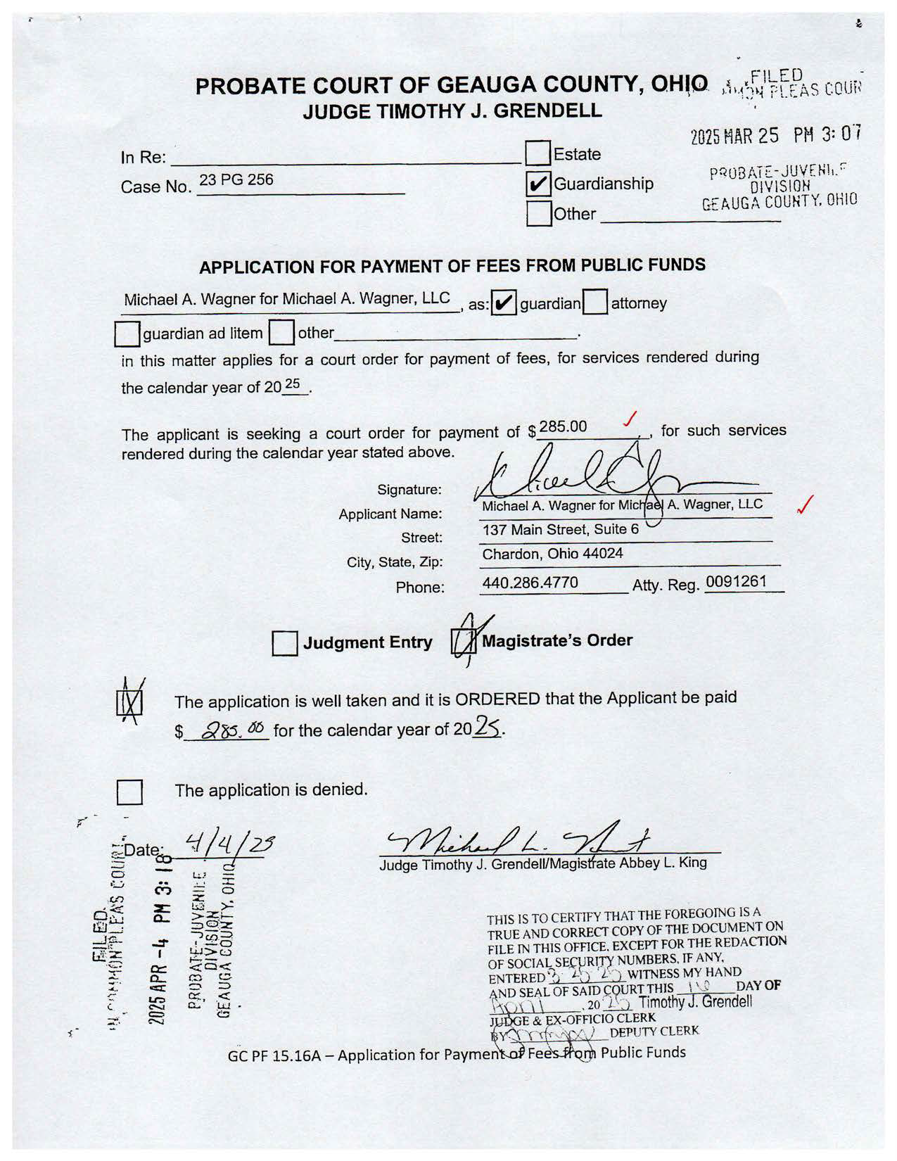 Application for Payment of Fees