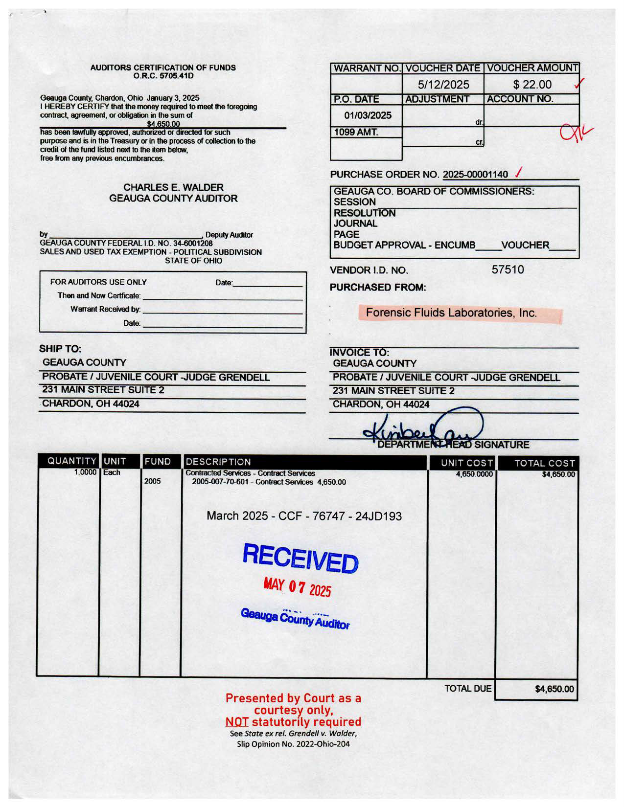 Auditor's Certification of Funds