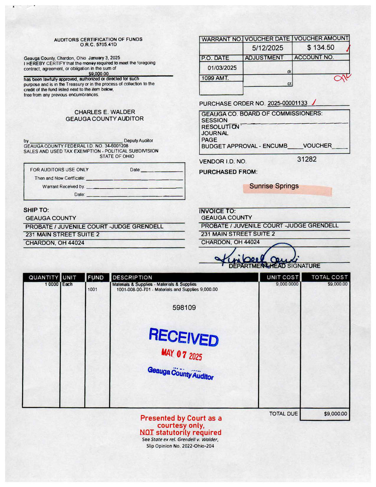 Auditor's Certification of Funds