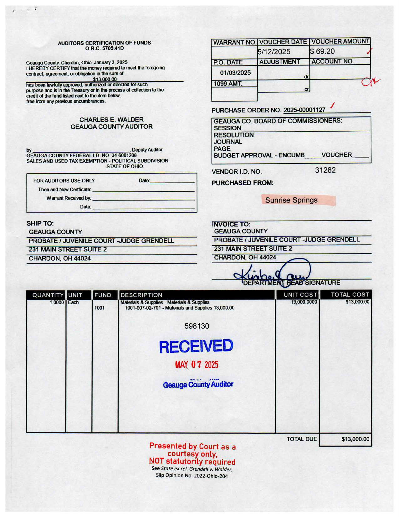 Auditor's Certification of Funds