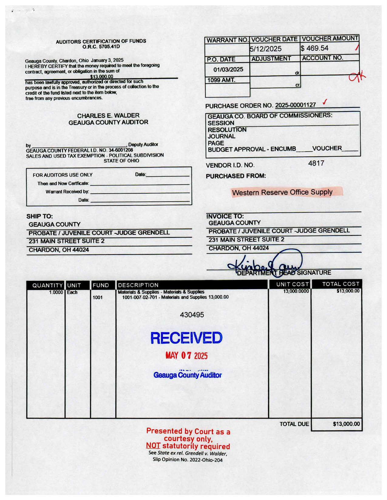 Auditor's Certification of Funds