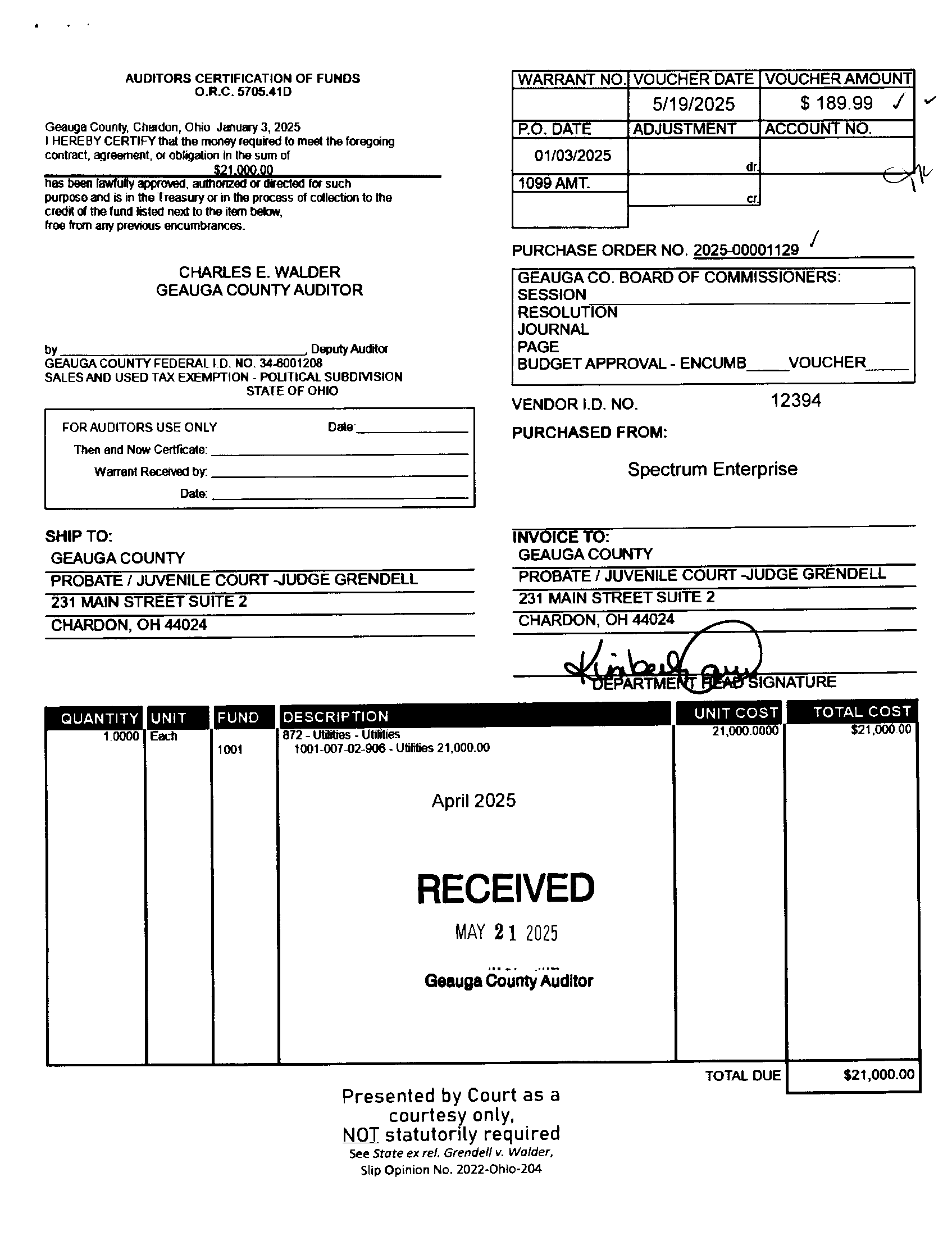 Auditor's Certification of Funds