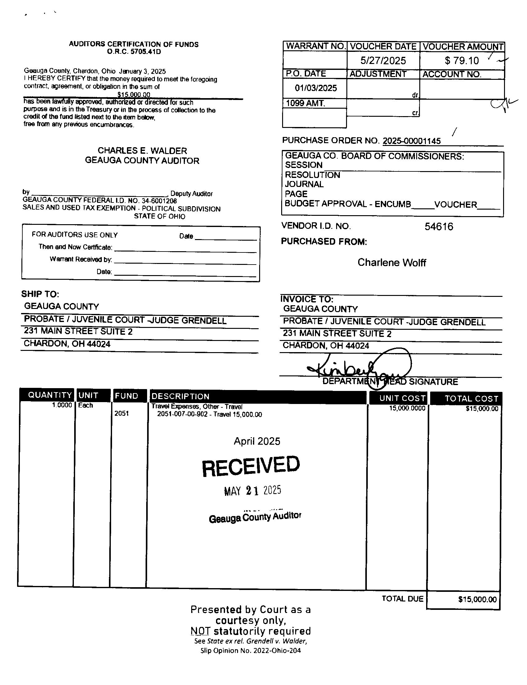 Auditor's Certification of Funds