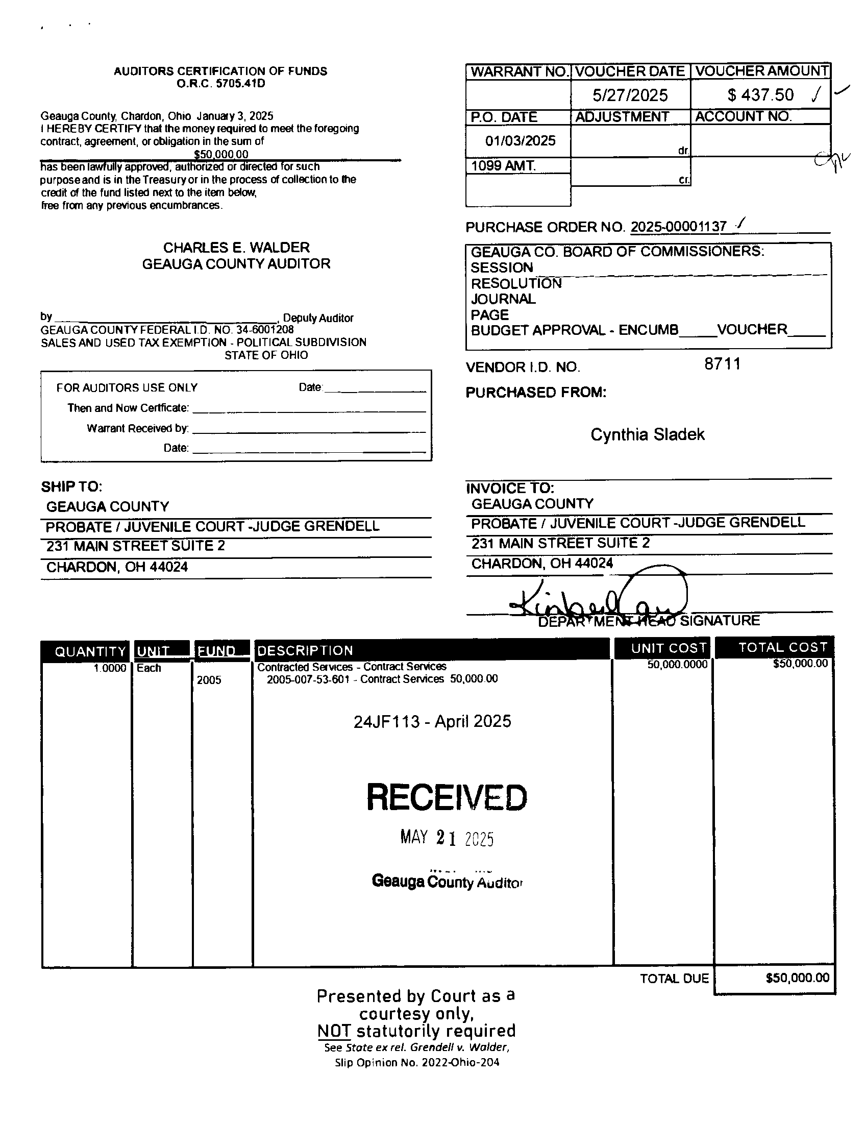 Auditor's Certification of Funds